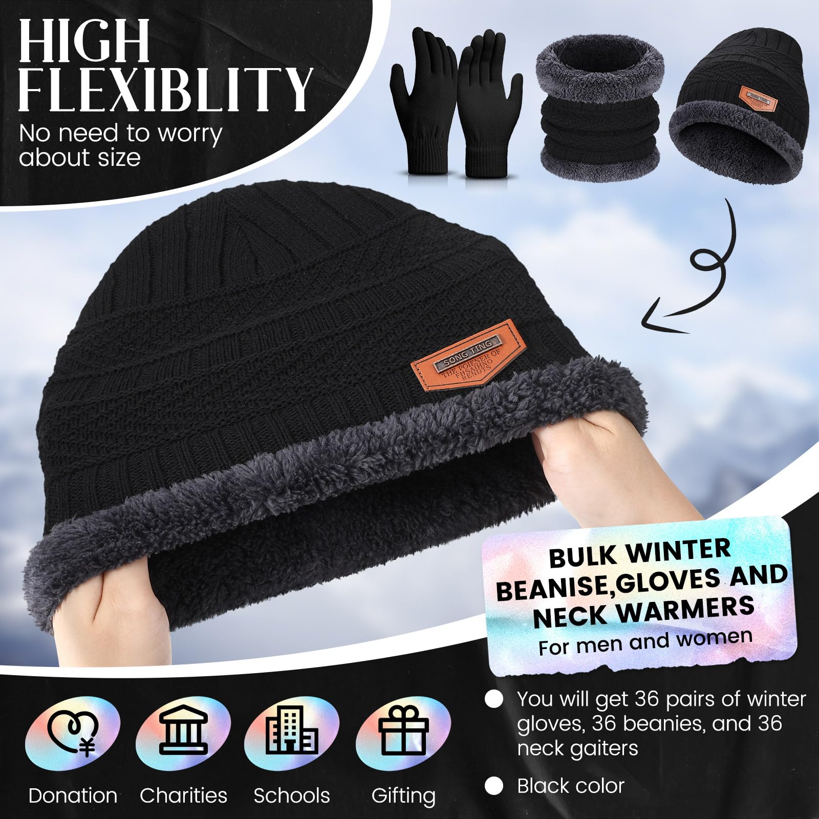 Suhine 108 Stück Wintermützen, Mützen, Handschuhe, Schal, Sets, Unisex, Mütze, Fleece, Hals, warme Schals für Obdachlose, Damen und Herren