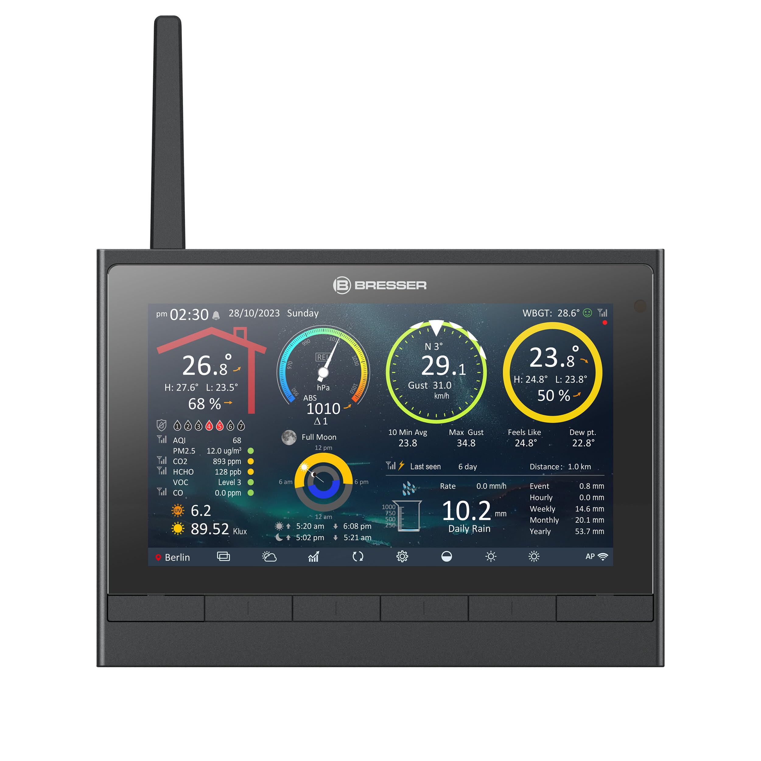 Bresser 9-in-1 MeteoChamp HD WLAN-Wetterstation mit solarbetriebenem Multisensor, Luftqualitätsanzeige, Hitzestress-Index, Datenspeicher | Innentemperatur und Außentemperatur, Luftfeuchtigkeit, Regenmesser, Windmesser, 14 Tage Wettervorhersage, App, WBGT