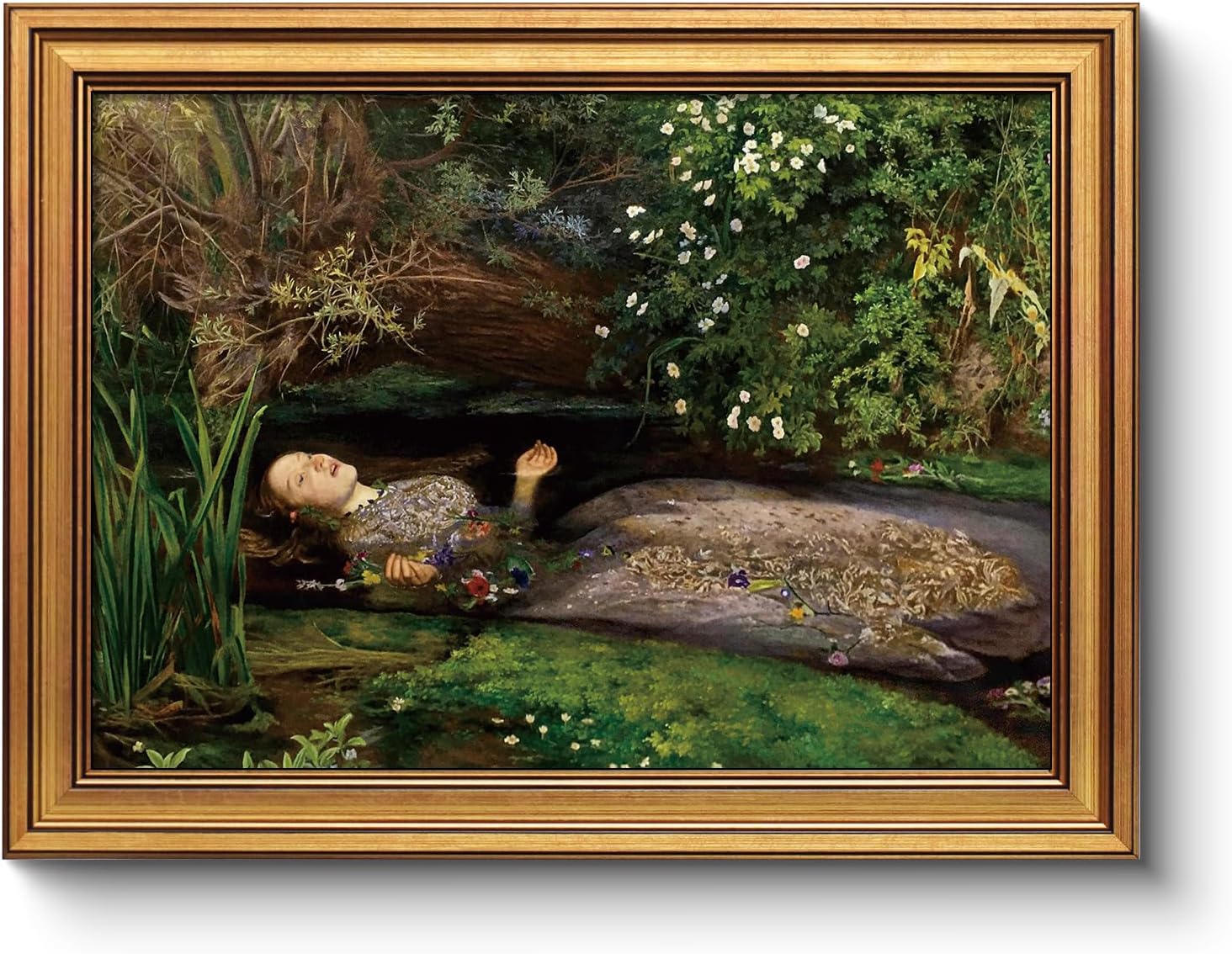 WHASAYART Vintage Gold Framed Canvas Wall Art for Home Decor, Ophelia John Everett Millais Oil Painting Poster Classic Art Prints World Famous Aesthetics Decor for Home, Bedroom, Office 12"x16"