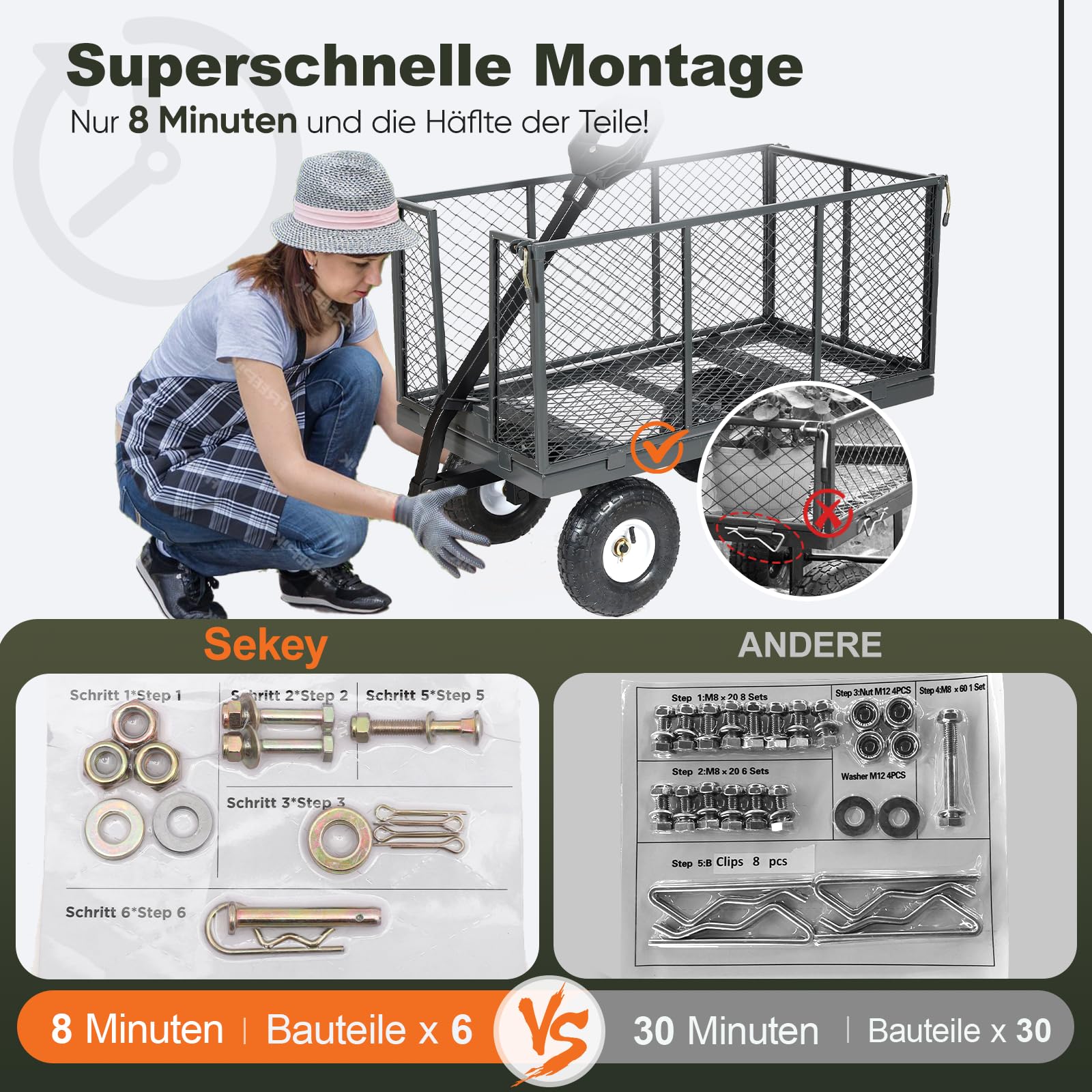 Sekey Bollerwagen Gartenwagen 550KG Belastbar, Transportwagen Transportkarre Gerätewagen mit Patentiertem Handgriff, Vollgummi-Luftreifen, Serie Titan, 200L, Grau