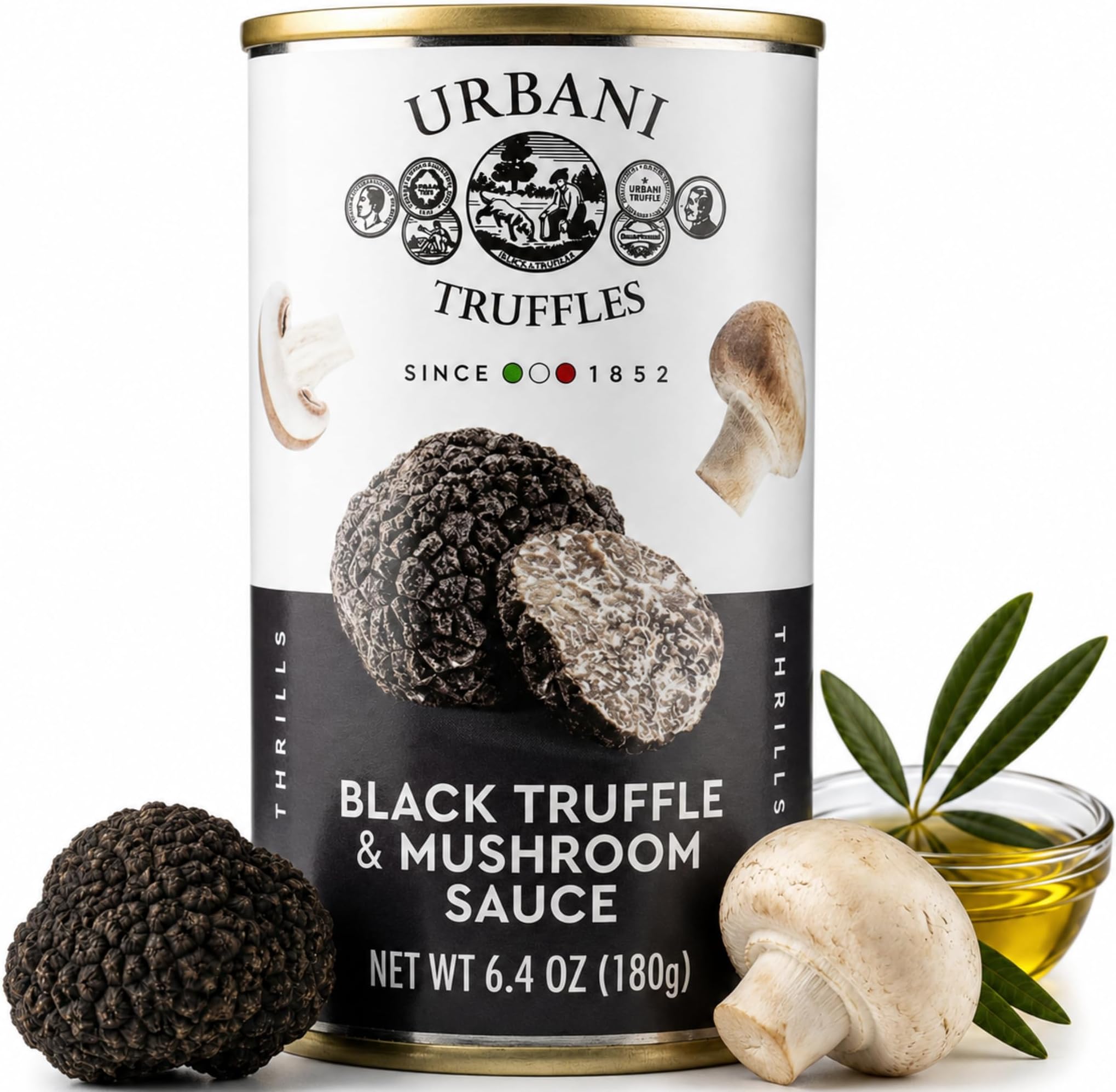 Urbani Truffles Mushroom & Black Truffles Sauce 180g (6.4oz) - Italian Gourmet Sauce for Pasta, Meats, and Risotto, All-Natural & Ready to Use, No Artificial Ingredients