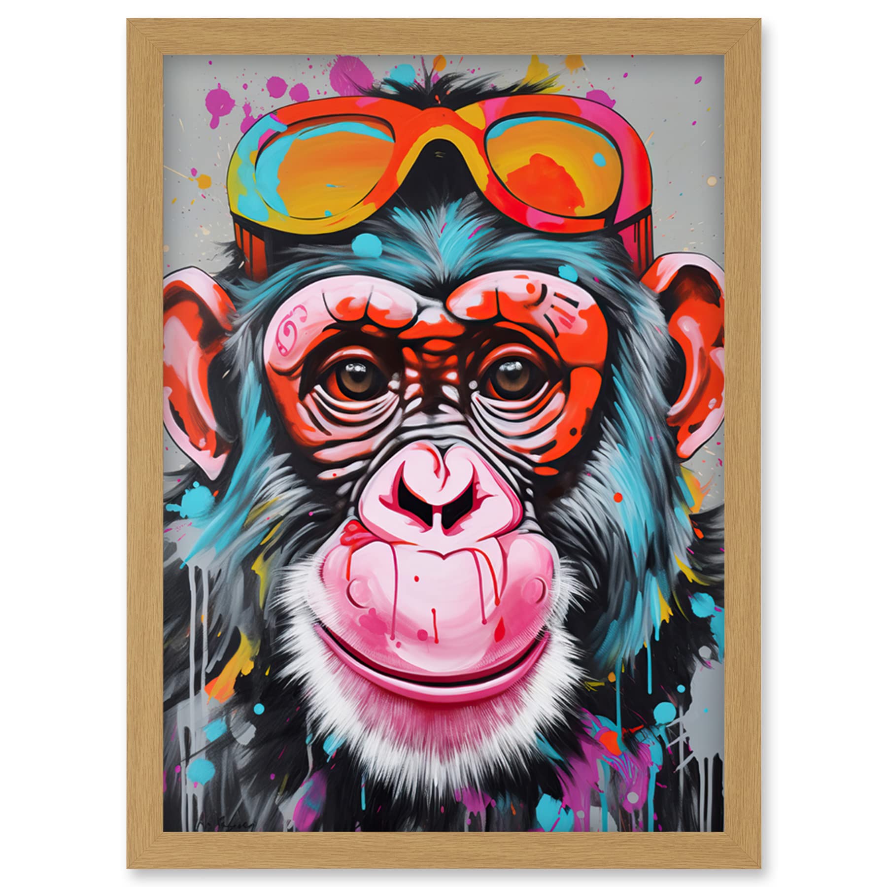 Artery8 Chimpanzee Monkey With Sunglasses Graffiti Pop Art Artwork Framed Wall Art Print A4