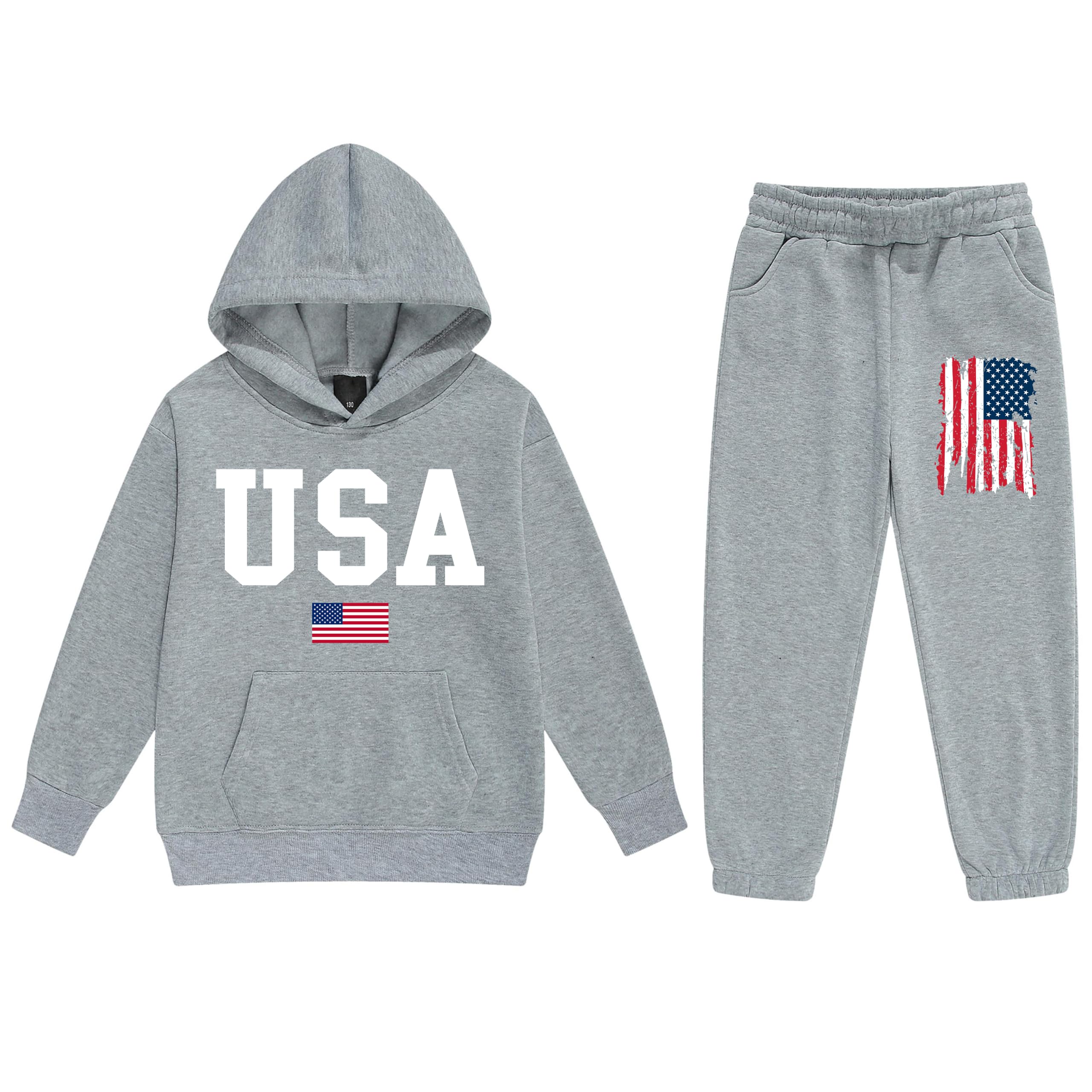 Vivimeng Boys USA Sweatshirt Suit Kid USA Hoodie Set American Flag Sweater Girls American Hooded Pullover Suit