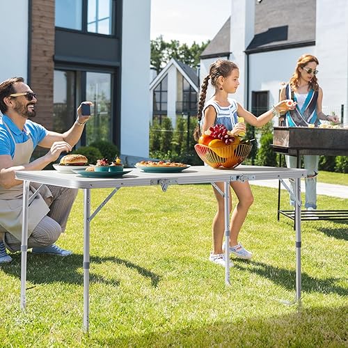 Miniatura 9 de Mesa plegable para uso en interiores y exteriores, mesa de tres pliegues de aleación de aluminio, mesa plegable portátil, mesa rectangular de