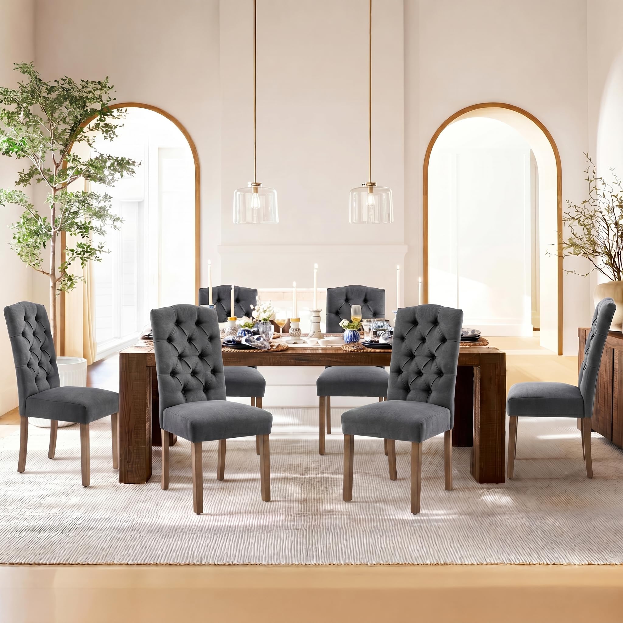 Tufted Upholstered Parsons Dining Chair Set Fabric Diner Accent Stylish Modern Kitchen Living Room with Button Sturdy Solid Wood Legs, 6-Pack