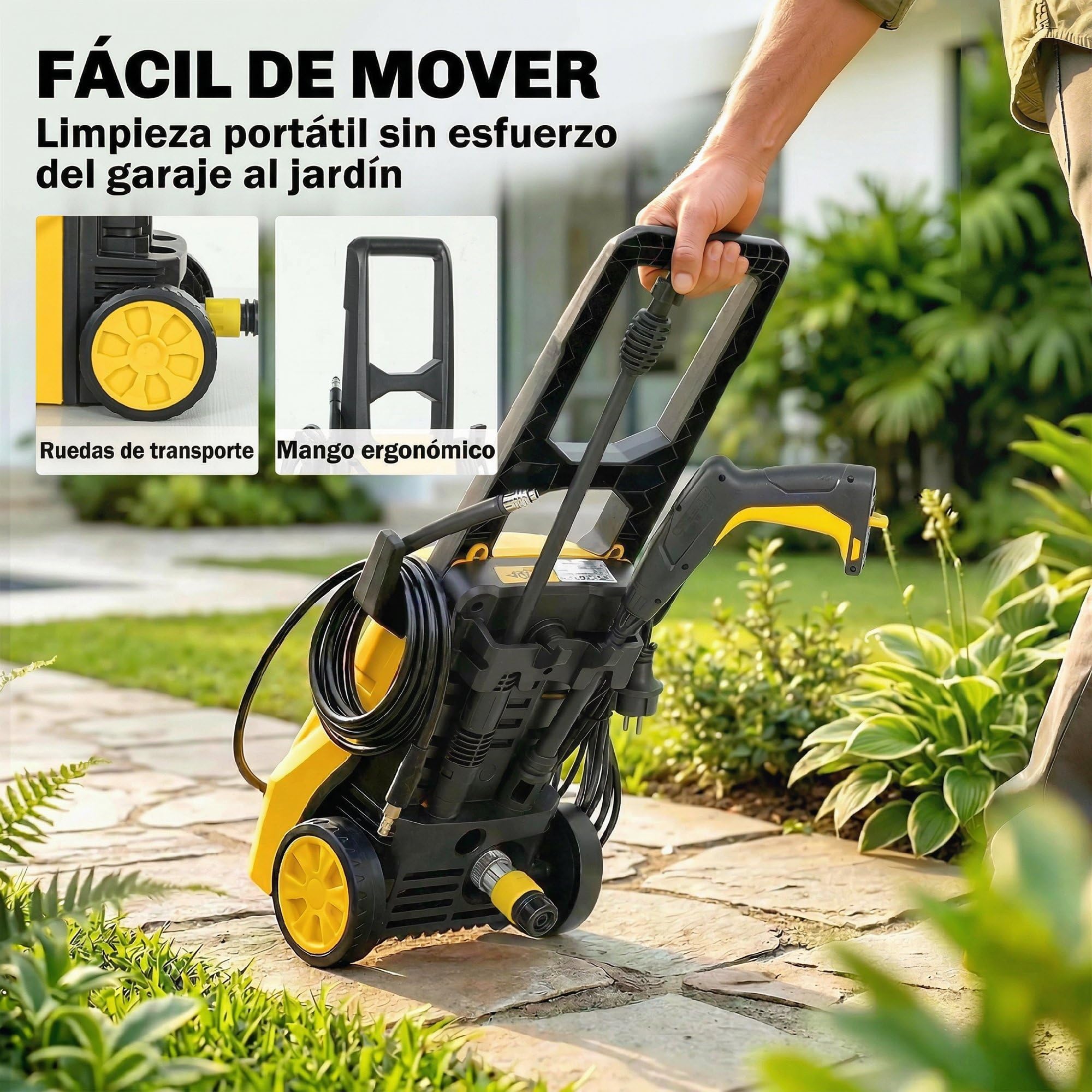 Outsunny Hidrolimpiadora de Alta Presión 1600W 120 Bar 390 L/h Amarillo | Bomba de Aluminio, Parada Automática, Manguera 3 m, Boquilla Ajustable, Ruedas, para Hogar Jardín Coche