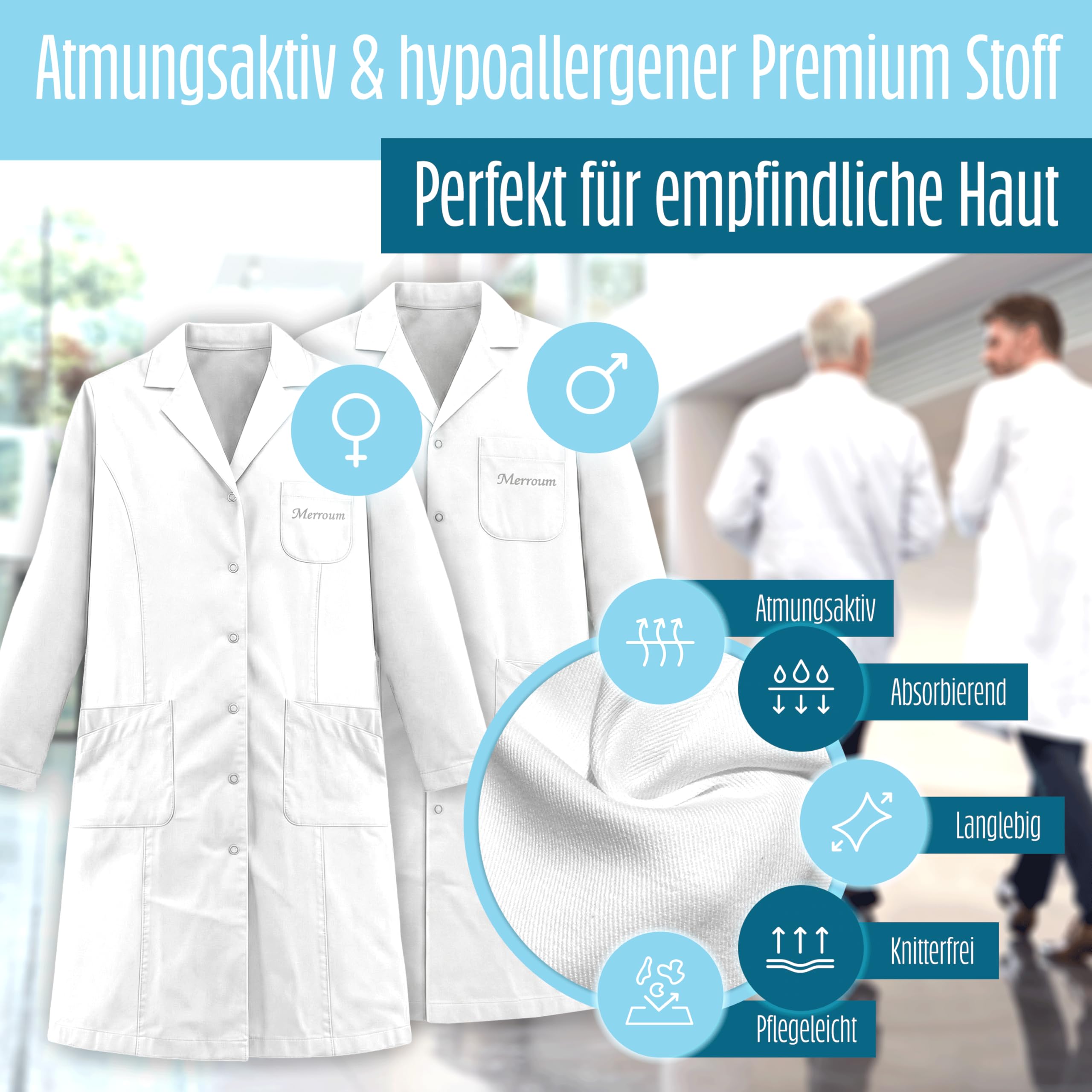 Blusa de laboratorio para hombre y mujer (corte ancho, 100% algodón sarga 200 g/m², 6 tallas (XS-2XL) - Botones metálicos - Bata médica blanca