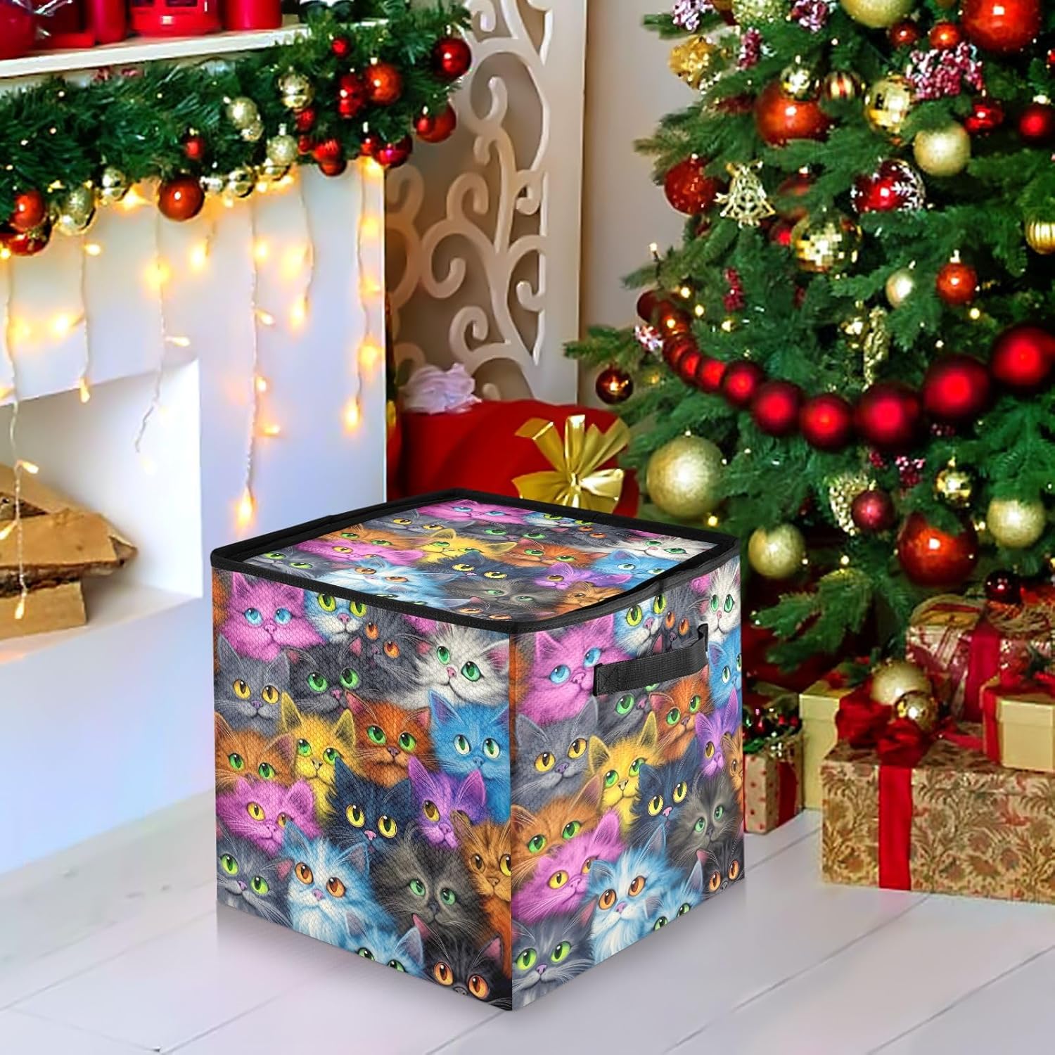 Cute Cats 13 Inch Christmas Ornament Storage Box with Lid - Holiday Decor Storage Containers, Stores 64 Ornaments, 3 Inch Cube Compartments