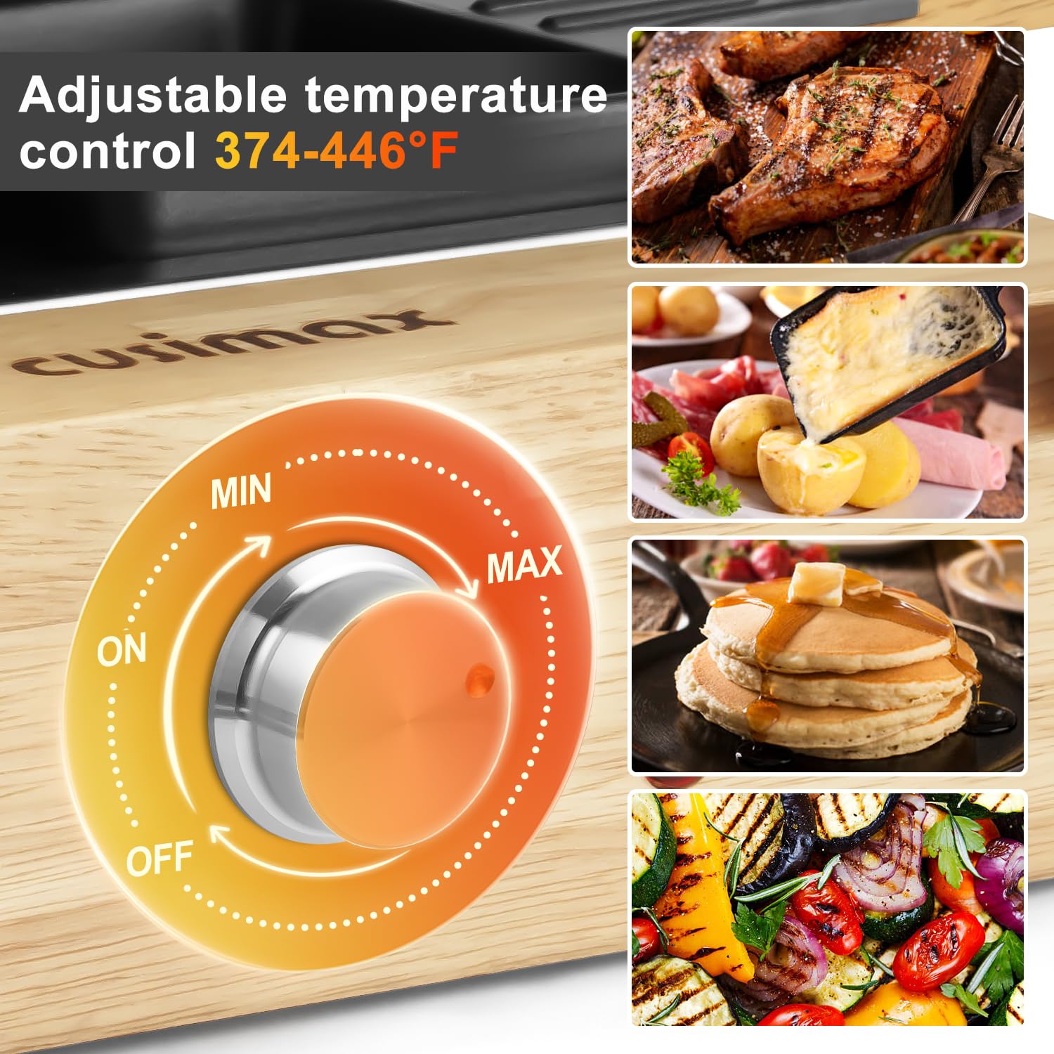 Parrilla de mesa de raclette para interiores, parrilla eléctrica de 1500 W con placa antiadherente reversible 2 en 1/base de madera, parrilla de fiesta con 8 bandejas y espátulas de madera, 5