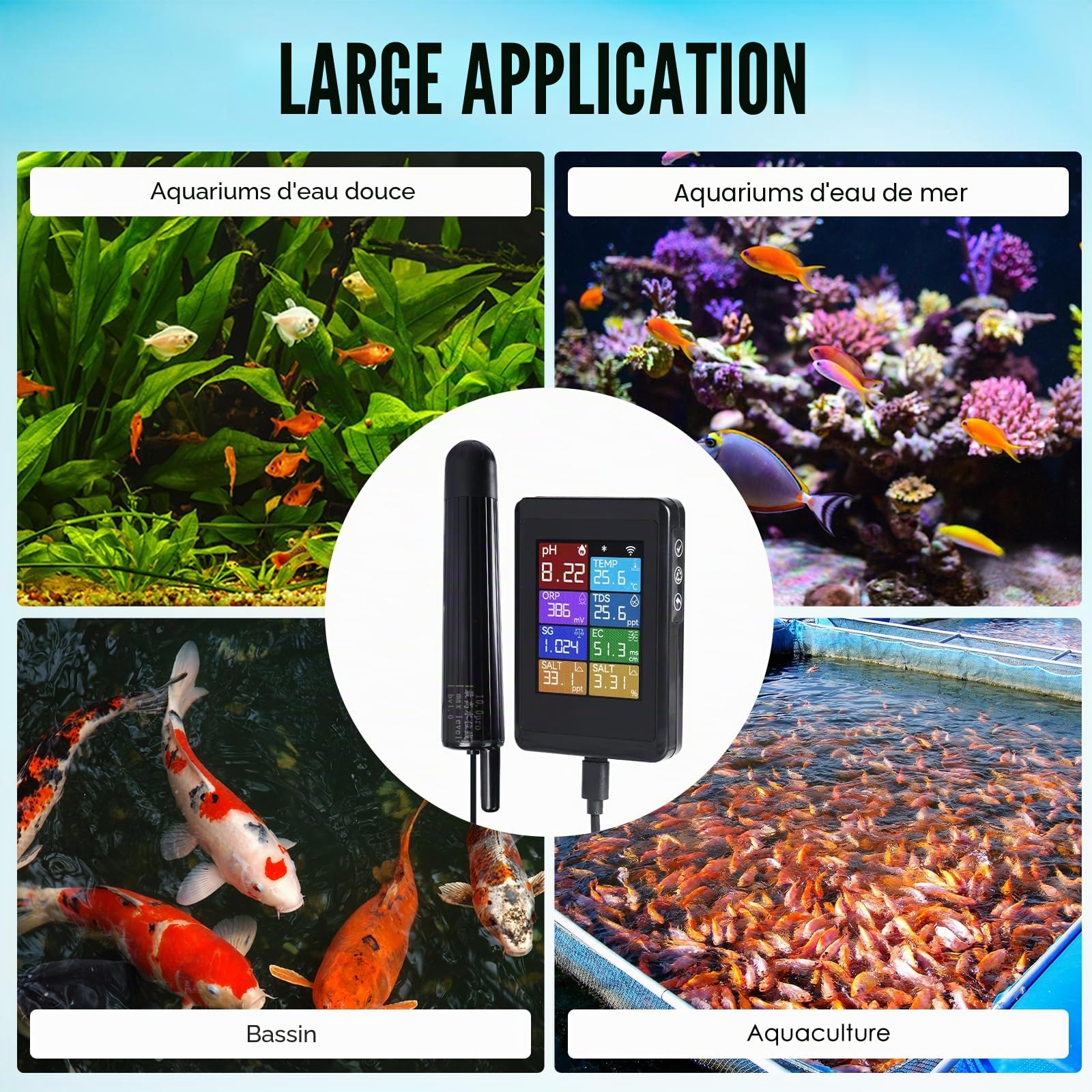 TEKCOPLUS Moniteur de pH Numérique WiFi 8-en-1 pour la Qualité de l'Eau avec Sonde pour Aquariums, Hydroponie, Piscines, Étangs, Laboratoires Mesure pH, Température, TDS, EC, Salinité, ORP, SG