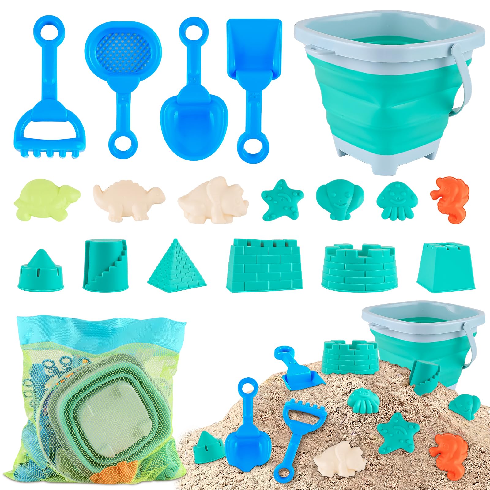 Bubuny Juguetes playa, 19Pcs Juguetes de Arena de Playa con bolsa de malla, juguetes de arena de viaje con cubo plegable para niños, juegos de playa para actividades al aire libre de niños