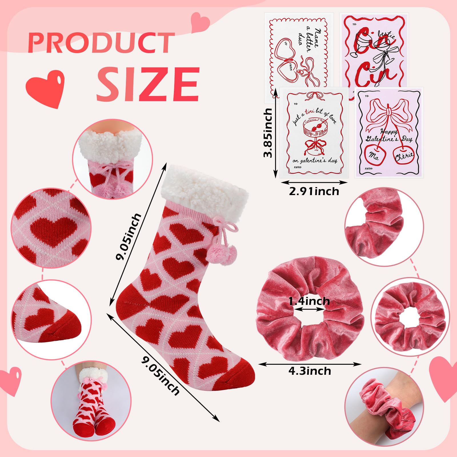 4 Sets/12 Pcs Galentine's Day Pink Gifts Sets Bulk Include 4 Pair Galentines Fuzzy Sock 4 Pcs Greeting Card 4 Pcs Velvet Hair Scrunchies for Women Friend Bestie Valentine's Day Party Favor