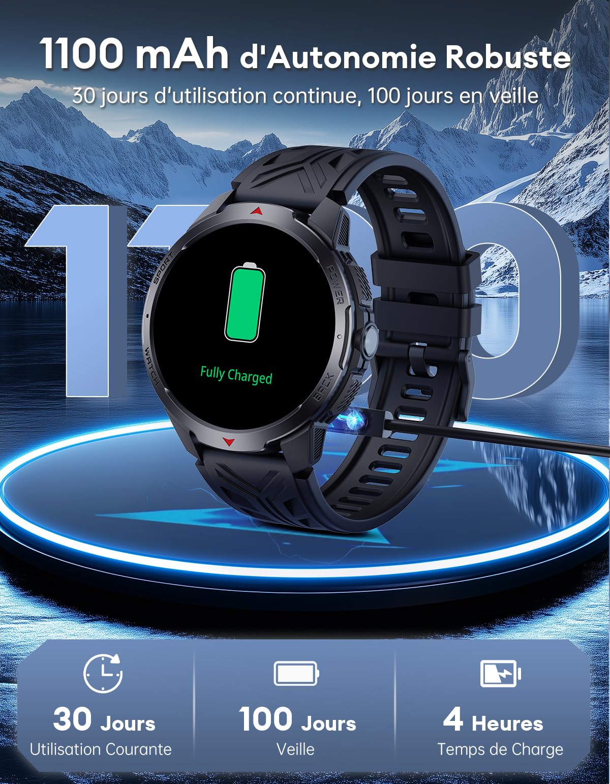 Montre Connectée Hommeb - Batterie de 1100mAh/30 Jours, 1,7'' Smartwatch Militaire avec Torche/Boussole/3ATM Étanche/Cardiofrequencemetre/SpO2/Sommeil/Podometre pour Android iOS, Noir