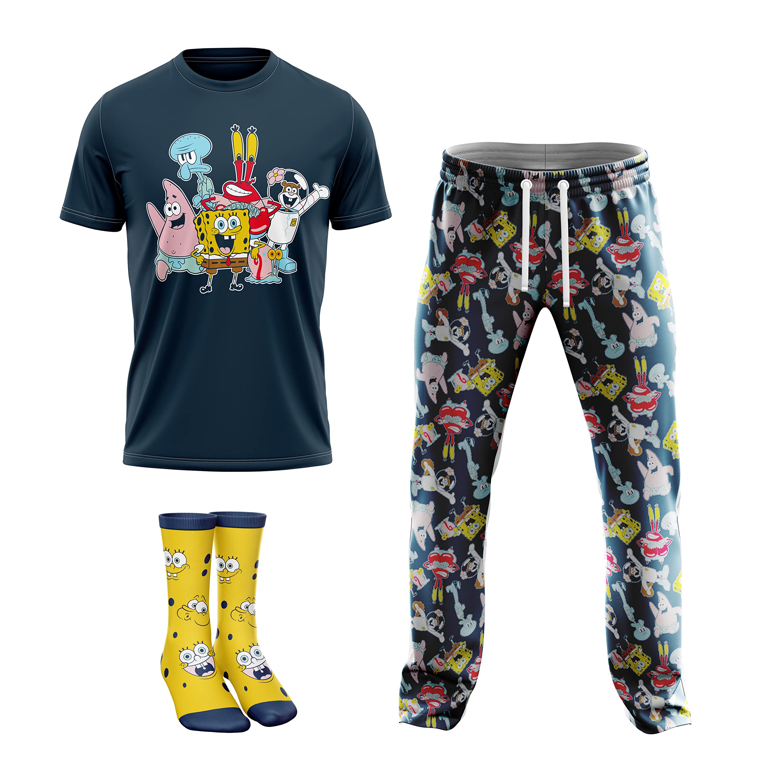SpongeBob SquarePantsmens 3-pc Lounge Set With T-shirt, Pant & Socks With Patrick, Sandy, Krabs & Squidward Sizes S-xl