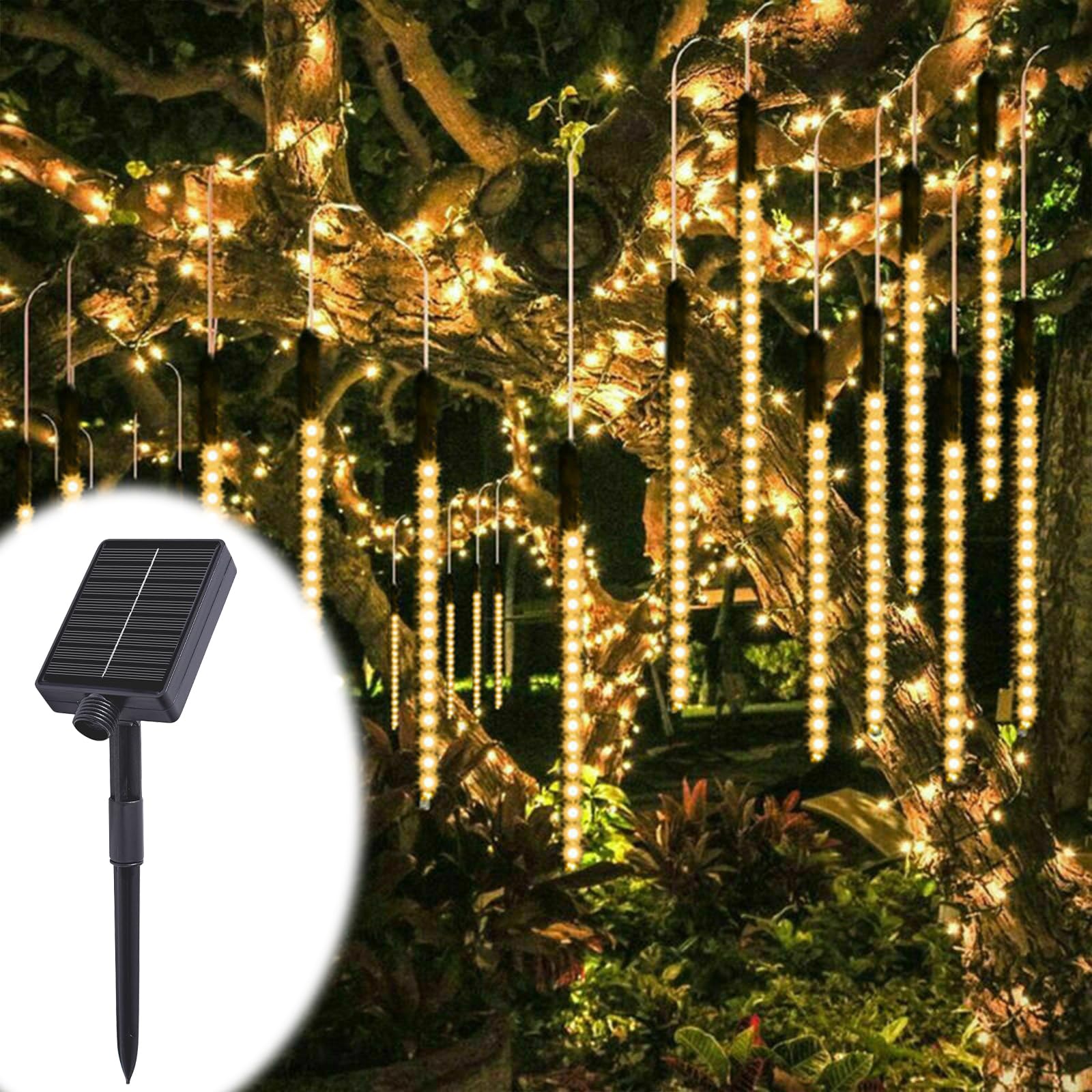ACESOME Solar Outdoor Christmas Lights, Meteor Shower Lights, 30CM 8 Tube Icicle Lights Outdoor, Waterproof Falling Rain Light for Halloween, Xmas Decorations, Window, Wedding & Party (Yellow)