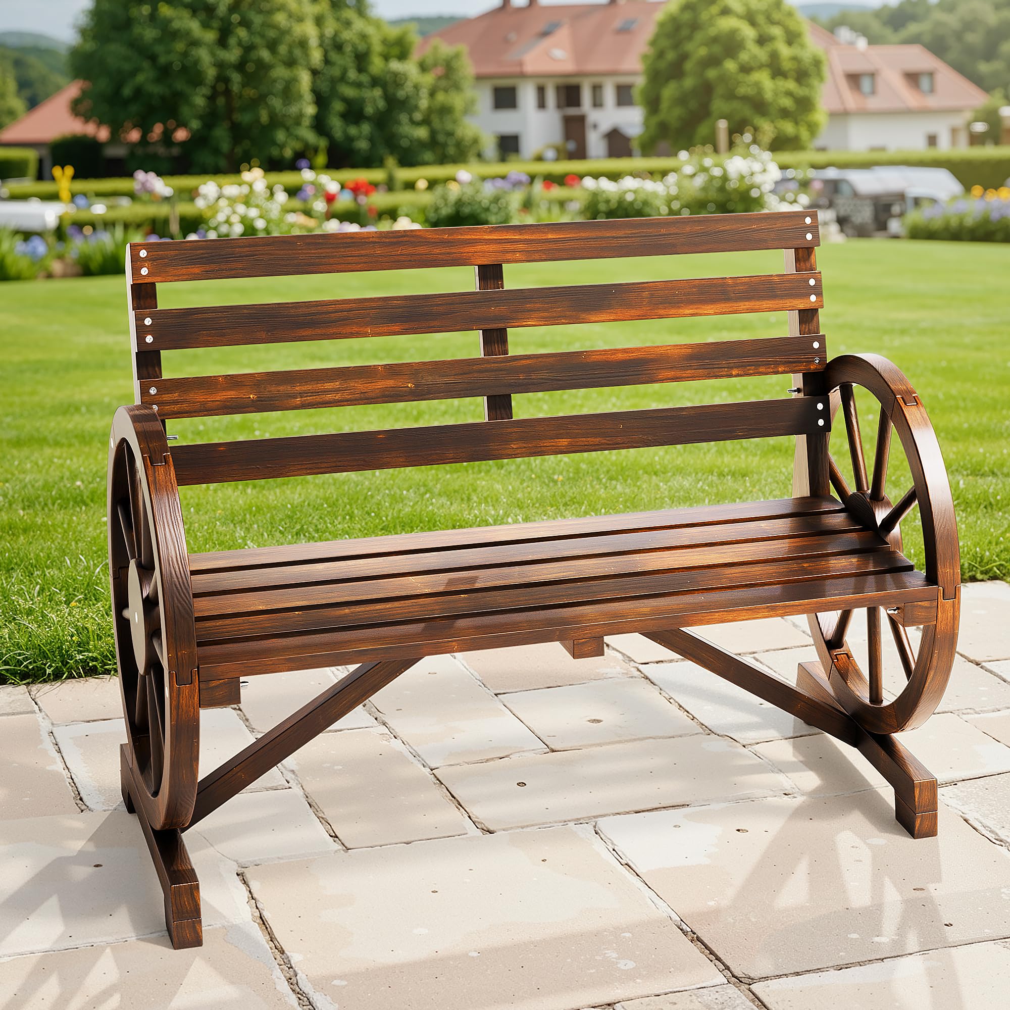 Banco de Exterior 2 Plazas, Madera de Cedro Macizo Resistente a la Intemperie, Reposabrazos en Forma de Rueda, Estilo Campestre, Carga 300 kg, para Patio Jardín Parque, 103x54x78 cm
