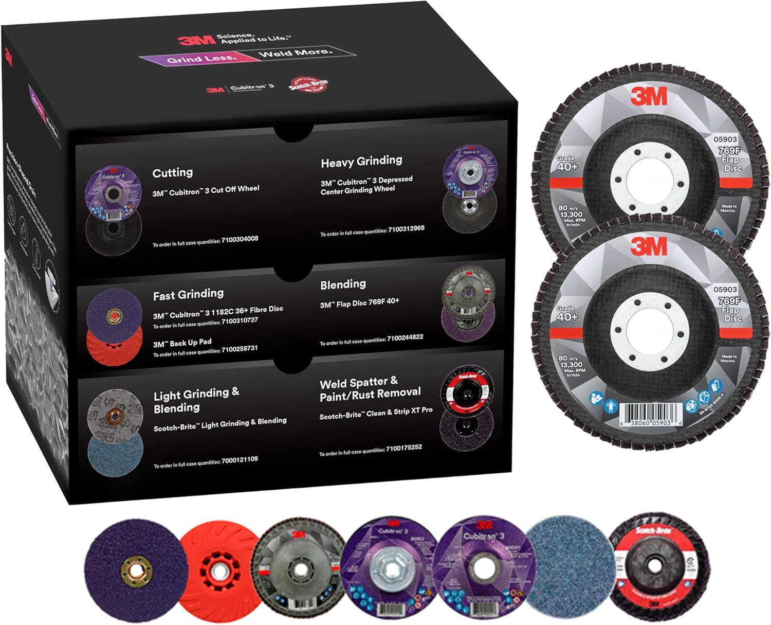 Bundle of 3M Flap Disc 769F, Type 29 Quick Change, 40+, 4-1/2 in x 5/8-11 + 3M Grind Less Weld More Promo Kit, 4-1/2 in Discs, 16 Piece Welding Kit for Cutting, Grinding, Blending, Finishing