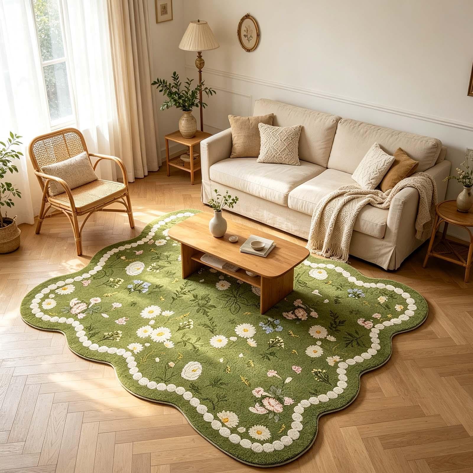 Teppich mit geblümtem Muschelmuster, Wohnzimmerteppich aus Kunstwolle, Teppichs mit geblümtem Vintage-Muster, für Schlafzimmer, Eingangsbereich(140x200cm)