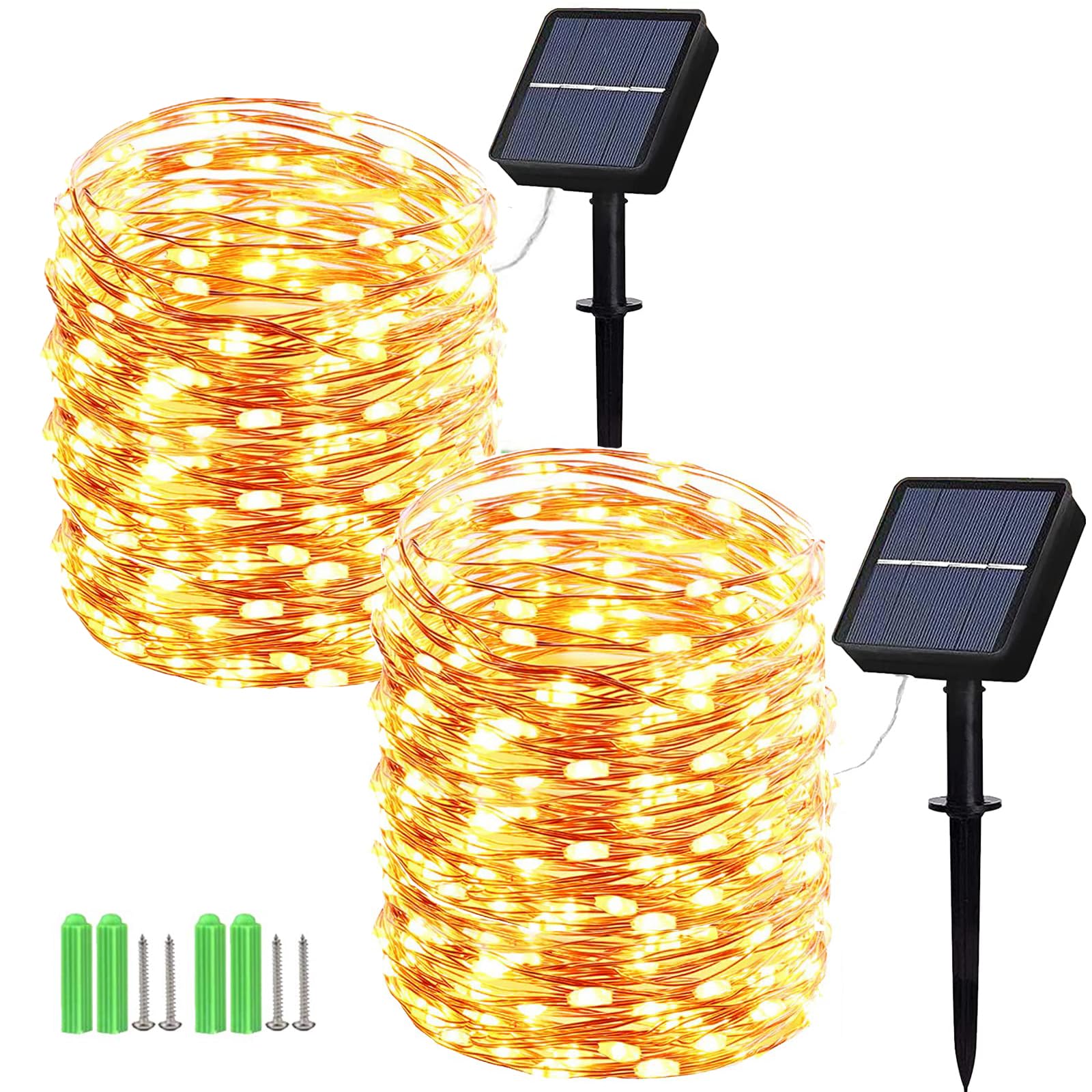 Geemoo 2 Pezzi Luci Esterno Solare 15M 150 LED, Catena Luminosa di Filo di Rame, Luci Stringa Energia Solare, 8 Modalità, Luci Natale Decorative per Giardino Natalizie Albero (Bianco Caldo)