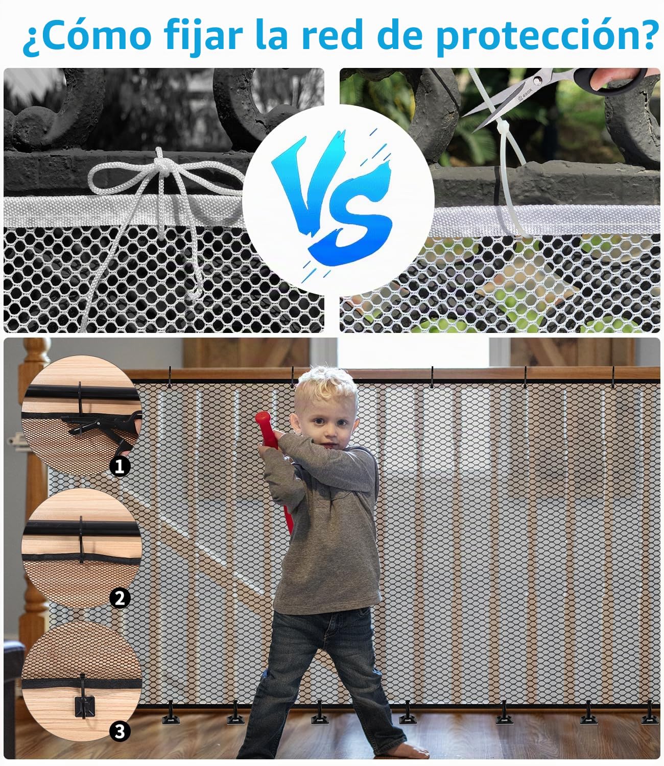 Red de Seguridad Infantil, Red de Seguridad Niños para Escaleras, Barandillas y Vallas, Reds de protección para Balcones robustas y Ajustable para niños, Mascotas y Juguetes, 300 x 90 cm, Negro