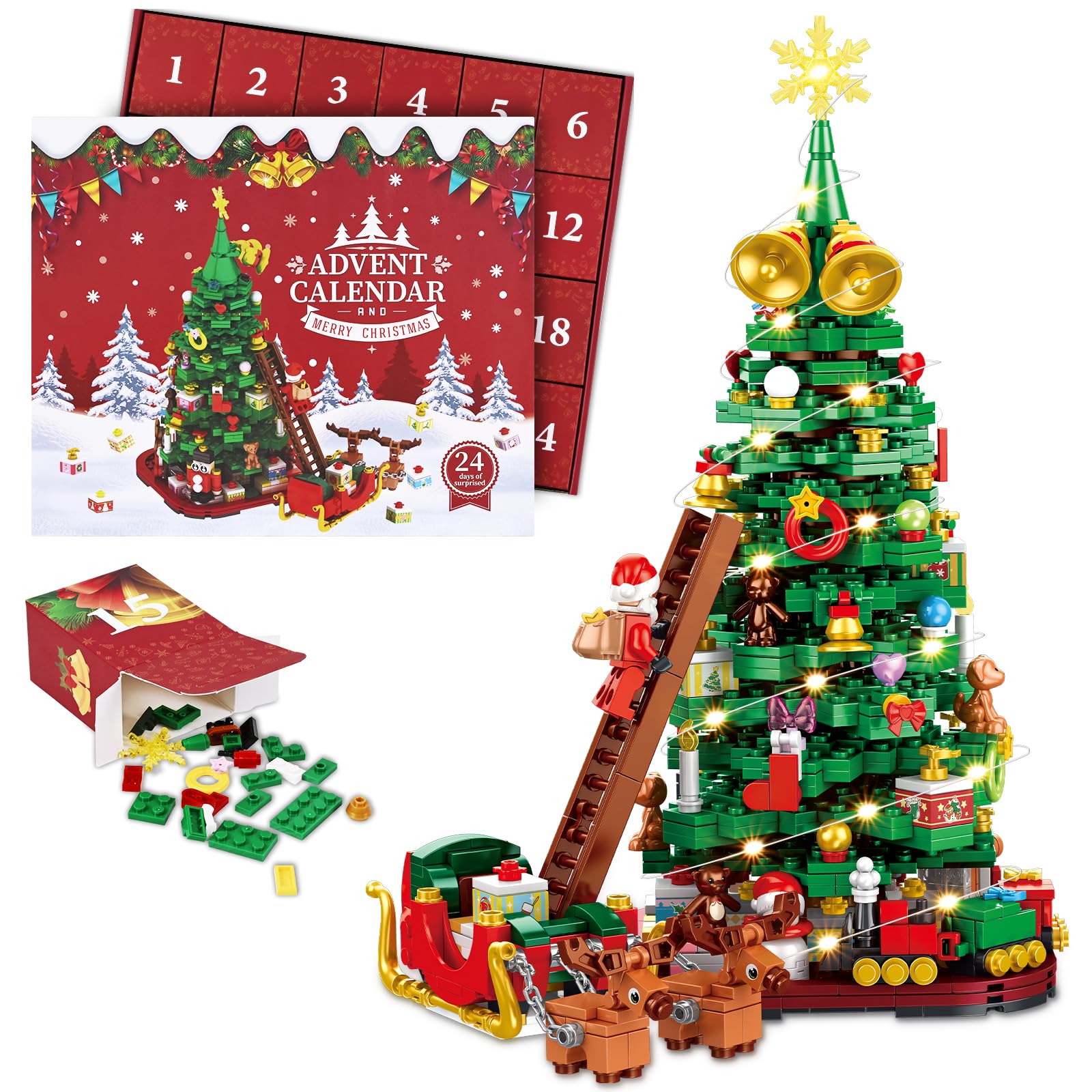 Dekoresyon Advent Calendar 2024 Christmas Tree Building Block Set,1011 Pieces Christmas Santa Claus Moose Train Toy Decorations Building Kits for Adults Kids Teen Girls Boys Countdown Calendar Gifts