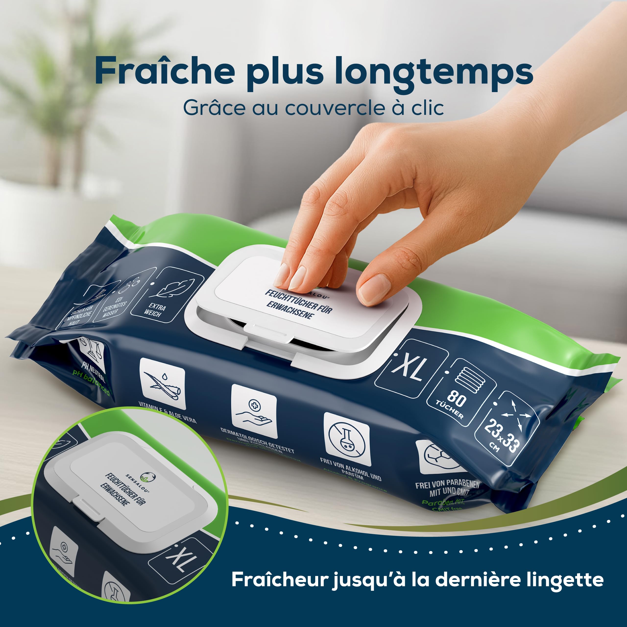Sensalou Lingettes Humides XXL 23x33 cm – Extra Grandes et Épaisses, Sans Alcool, Idéales pour Corps, Mains et Surfaces, Usage Quotidien, Peaux Sensibles, Hygiène Pratique – 80 Pièces