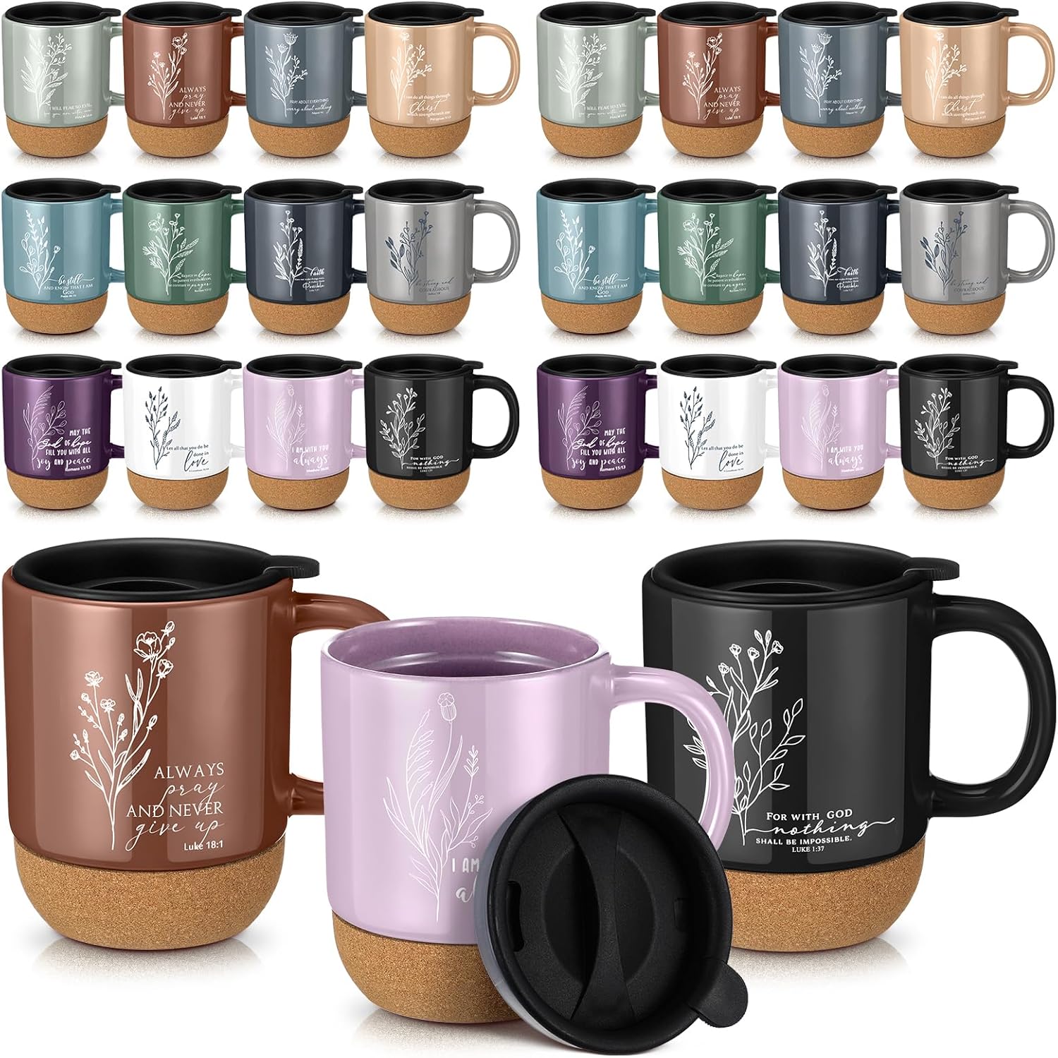 24 Pcs Christian Gift Coffee Mugs Father's Day for Church 15 oz Bible Verse Cups Aesthetic Ceramic Coffee Mug with Lid Religious Gift for Men Women Bible Church Member Sunday School