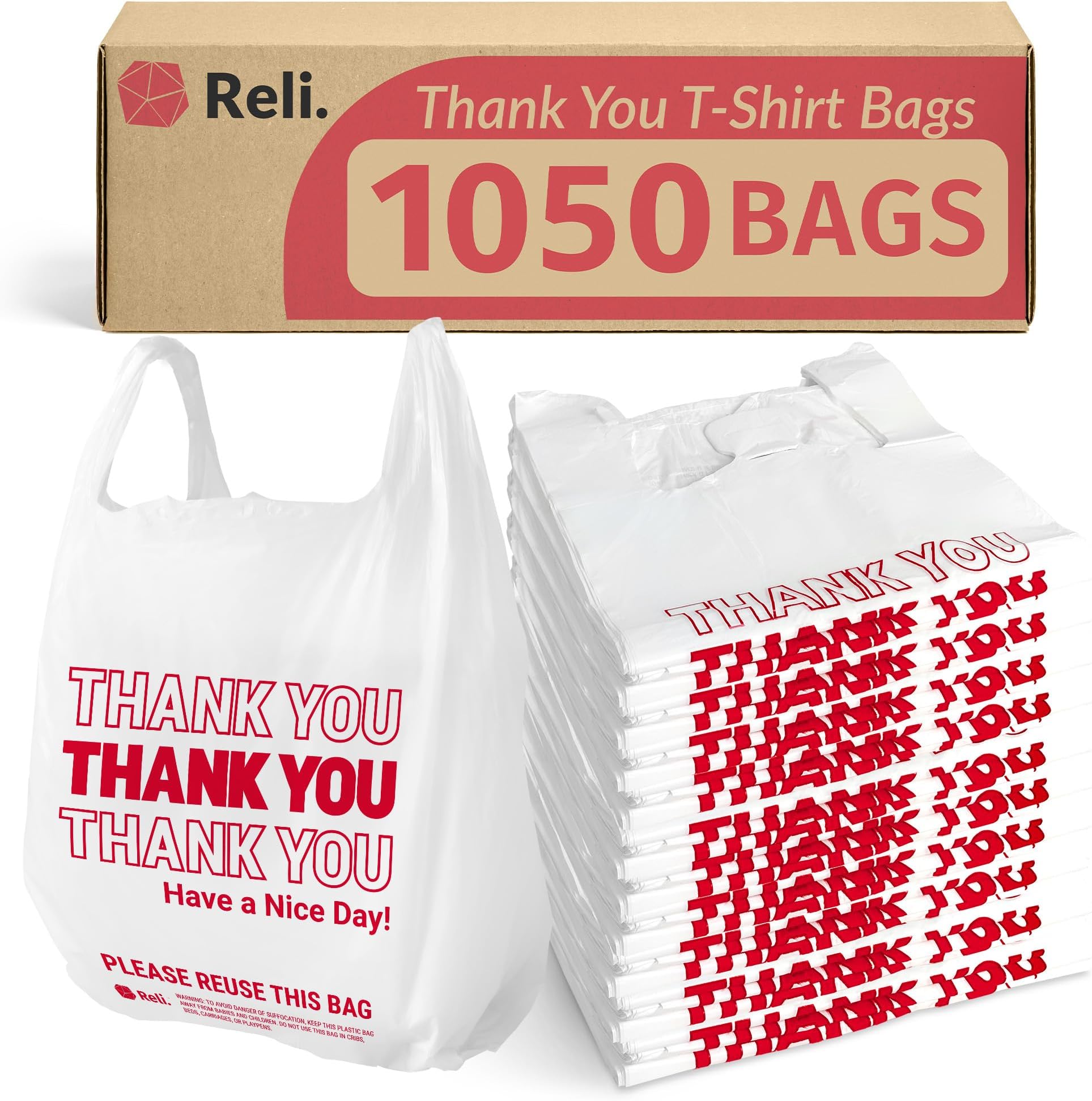 Reli. Plastic Bags Thank You (1050 Count) | White Grocery Bags with Handles | Shopping (Plastic)