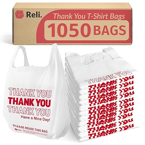 Reli. Bolsas de plástico Thank You (1050 unidades) | Bolsas de comestibles blancas con asas | Compras (plástico)