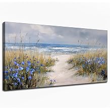 hottaacanvas Beach Path Canvas Wall Art, Textured Hand-Painted Coastal Landscape Painting with Blue Cornflowers, Serene Ocean Scenery Wall Decor for Living Room Bedroom Bathroom 24"x48"