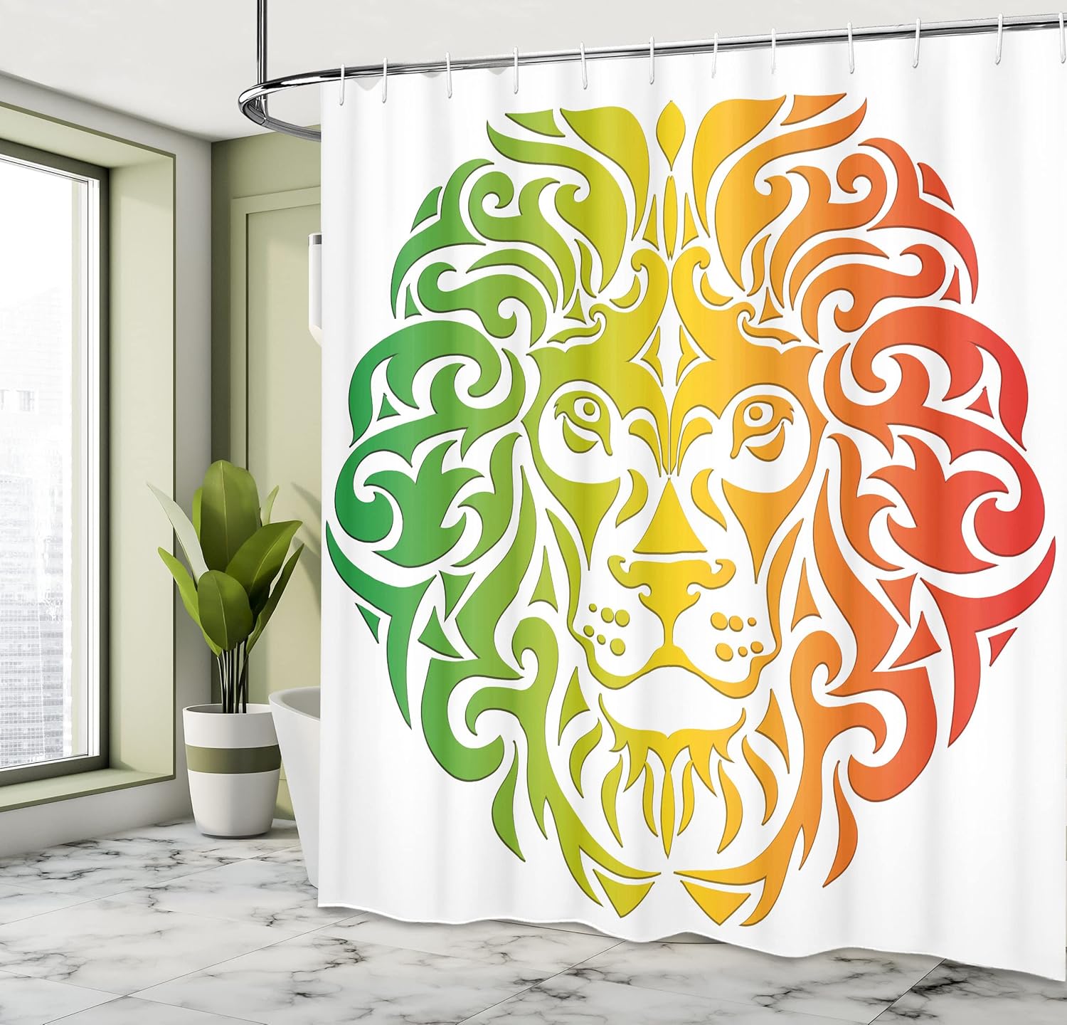 Ambesonne Rasta Shower Curtain, Lion Portrait in Vivid Colors Portrait Head King of Jungle Image, Cloth Fabric Bathroom Decor Set with Hooks, 69" W x 70" L, Fern Green Orange