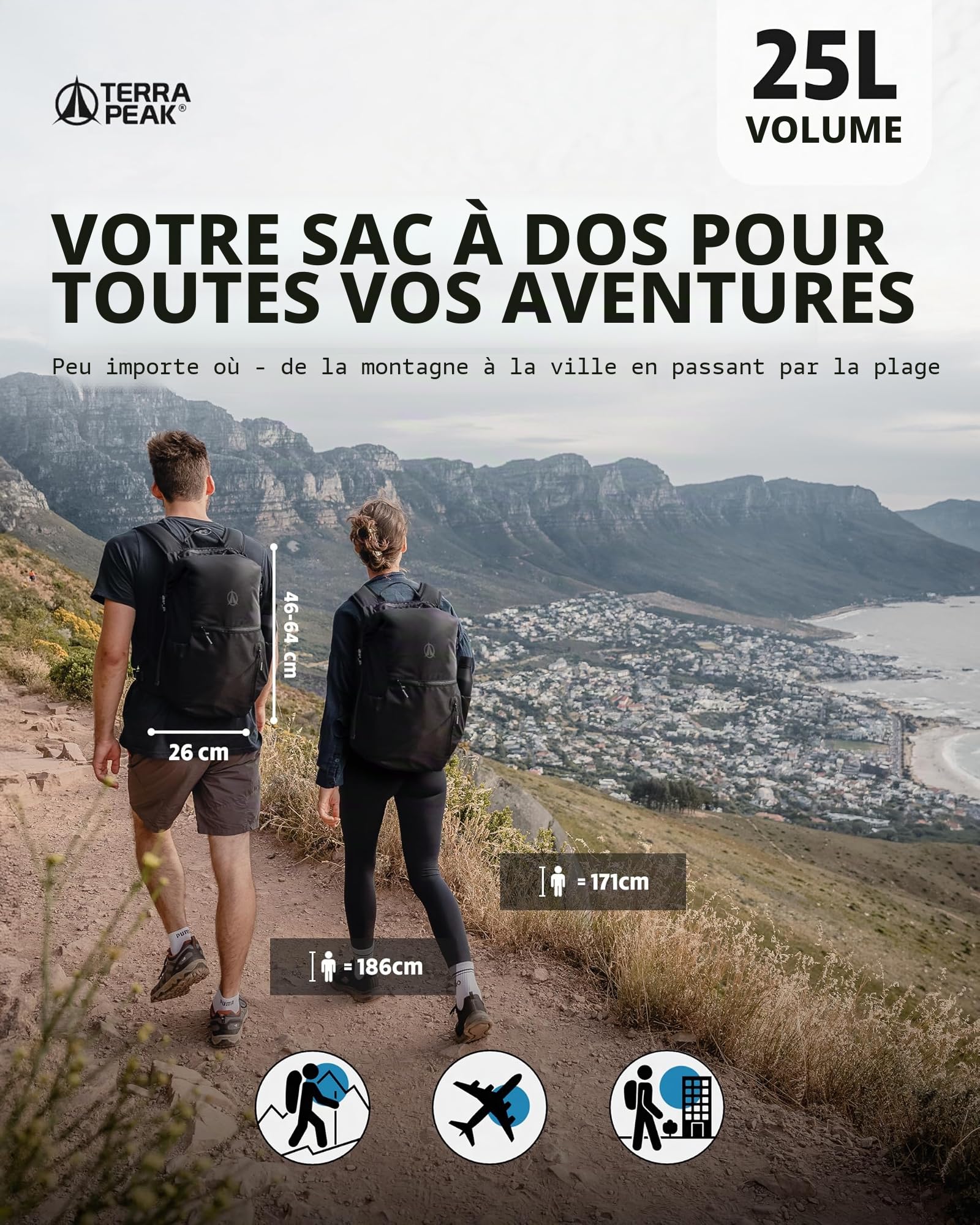 Terra Peak® Sac à dos Rolltop 20-25 litres (46x26x17cm) femmes et hommes (HELIN) noir - Sac de voyage, bagage à main en avion, de randonnée et trekking avec compartiment ordinateur portable (15")