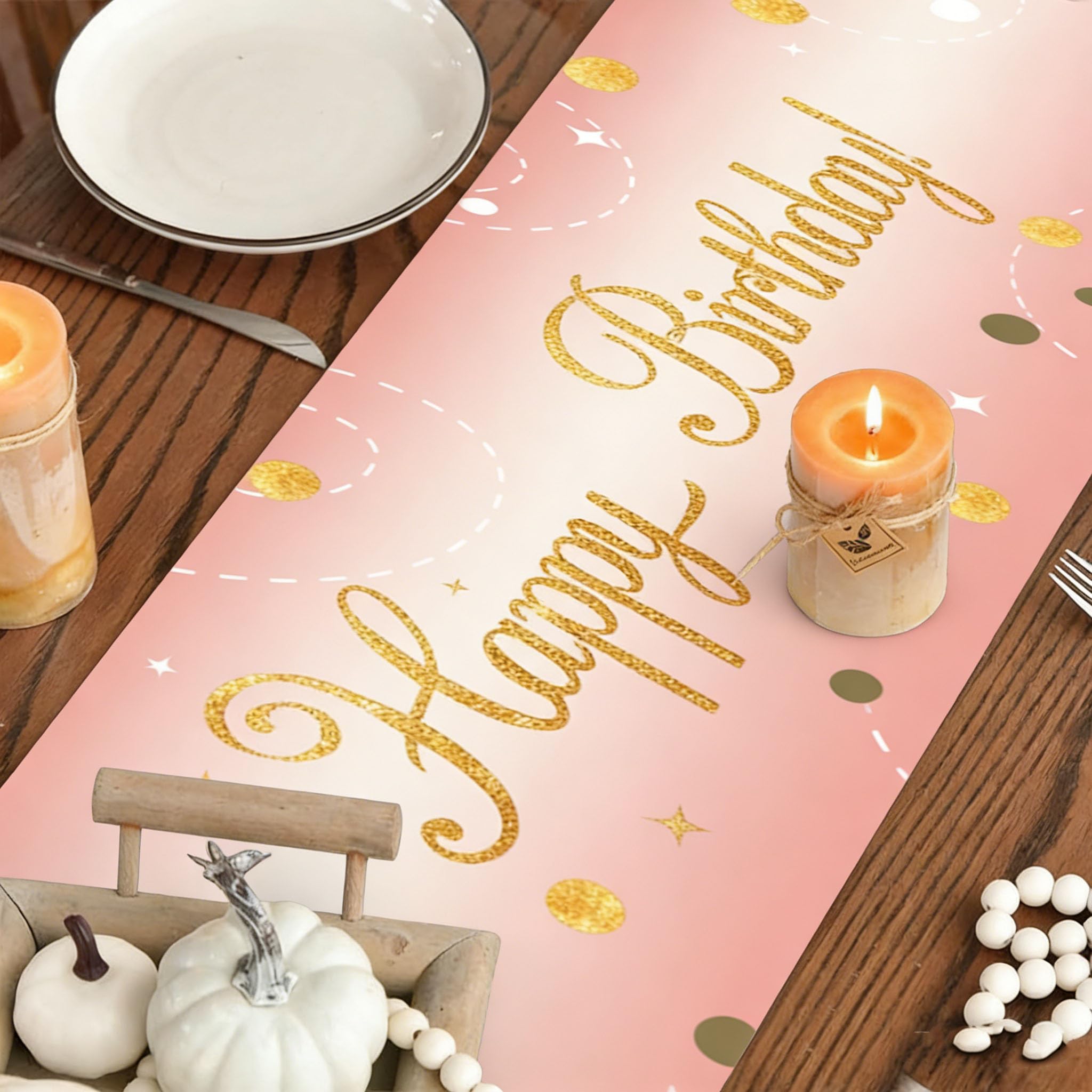 Tafelloper 'Happy Birthday' 180x35 Cm – Roségoud, Feestelijke Tafeldecoratie Voor Verjaardagen (stof, Glanzende Folie)
