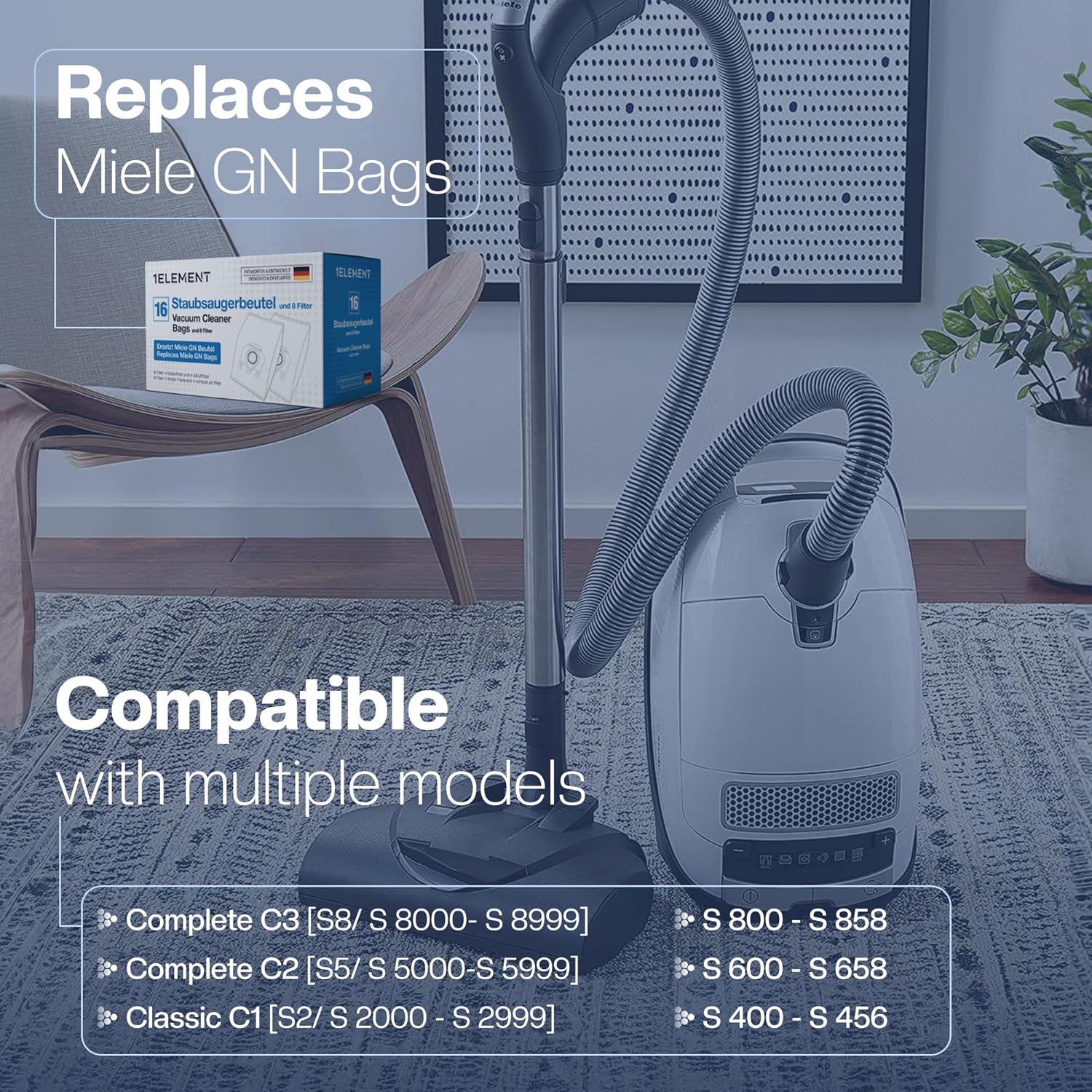 16 Type G/N Vacuum Cleaner Bags for Miele Vacuum Cleaners [Replaces 10123210 AirClean 3D Efficiency Type GN] – Fits Classic C1, Complete C2 & C3, S8340, S8000, S6000 & S5000 Series + 8 Filters