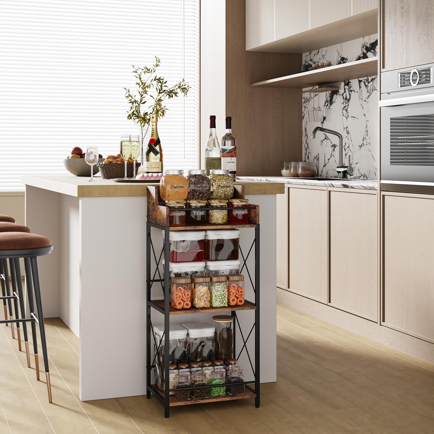 KLM Liquor Bottle Display Shelf, Coffee Syrup Rack Organizer, 3 Step Countertop Wine Rack, Mini Bar, Retro Bar Shelf Stand for Whiskey, Spirits