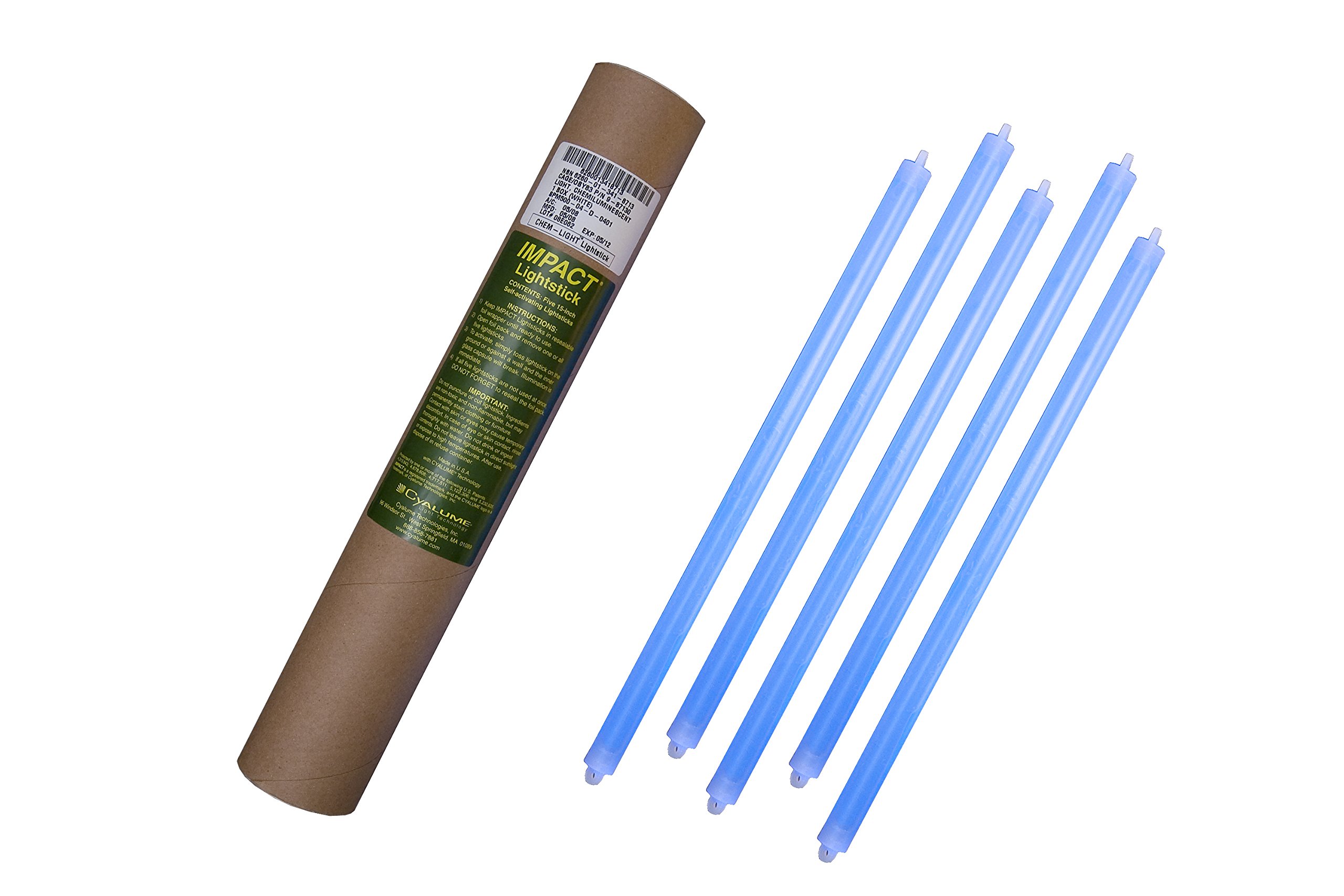 Cyalume Tube de 5 Bâtons Lumineux SnapLight IMPACT 40cm Bleu 2 Anneaux 8 heures 15'' Non-Emballés Individuellement