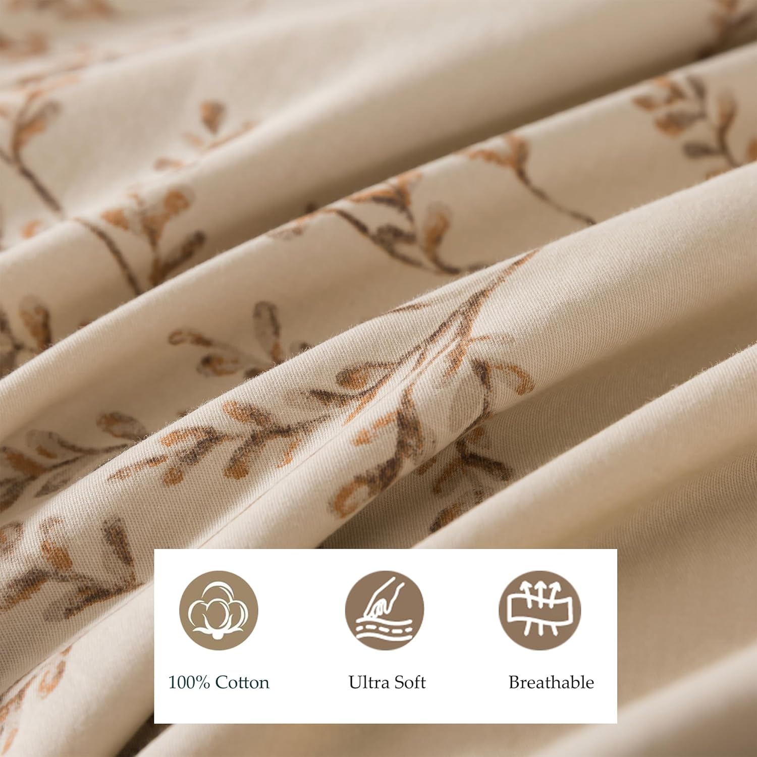 FADFAY King Size Duvet Cover Set - 100% Brushed Cotton, Fluffy & Ultra-Soft, Beige Floral Print, Cozy 3 Piece Bedding