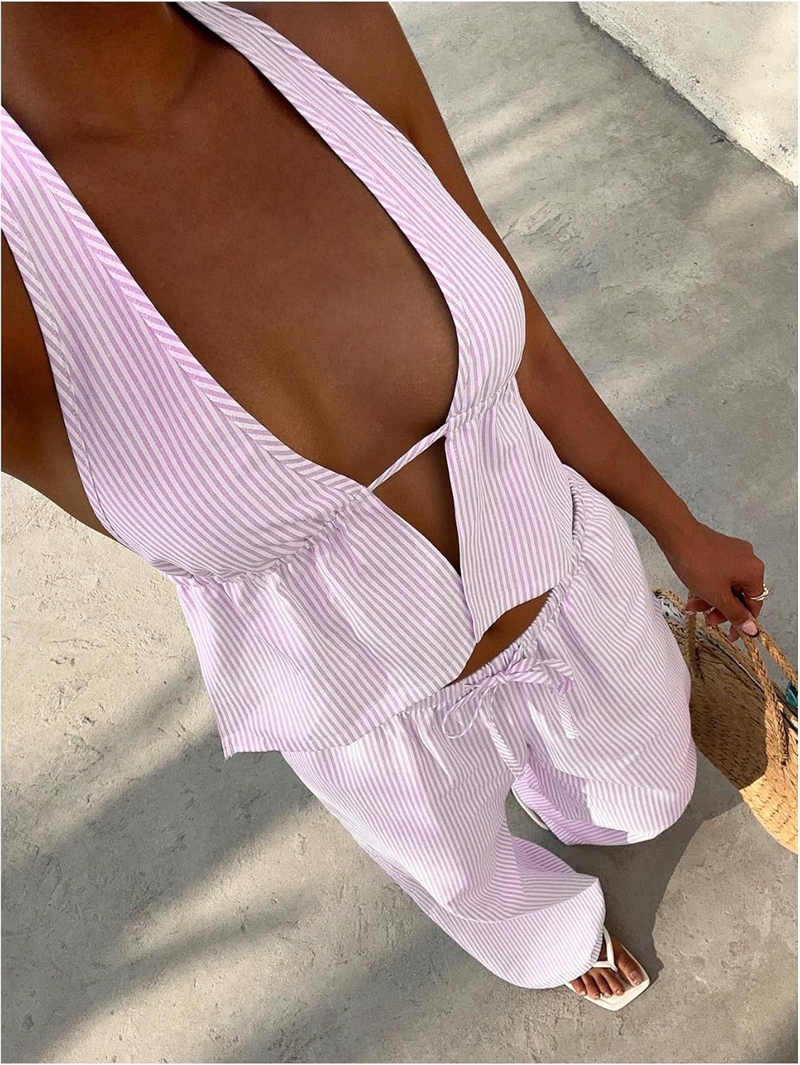 MakeMeChic Women's Summer 2 Piece Sets Backless Halter Tank Top Wide Leg Linen Pants Set Vacation Outfits