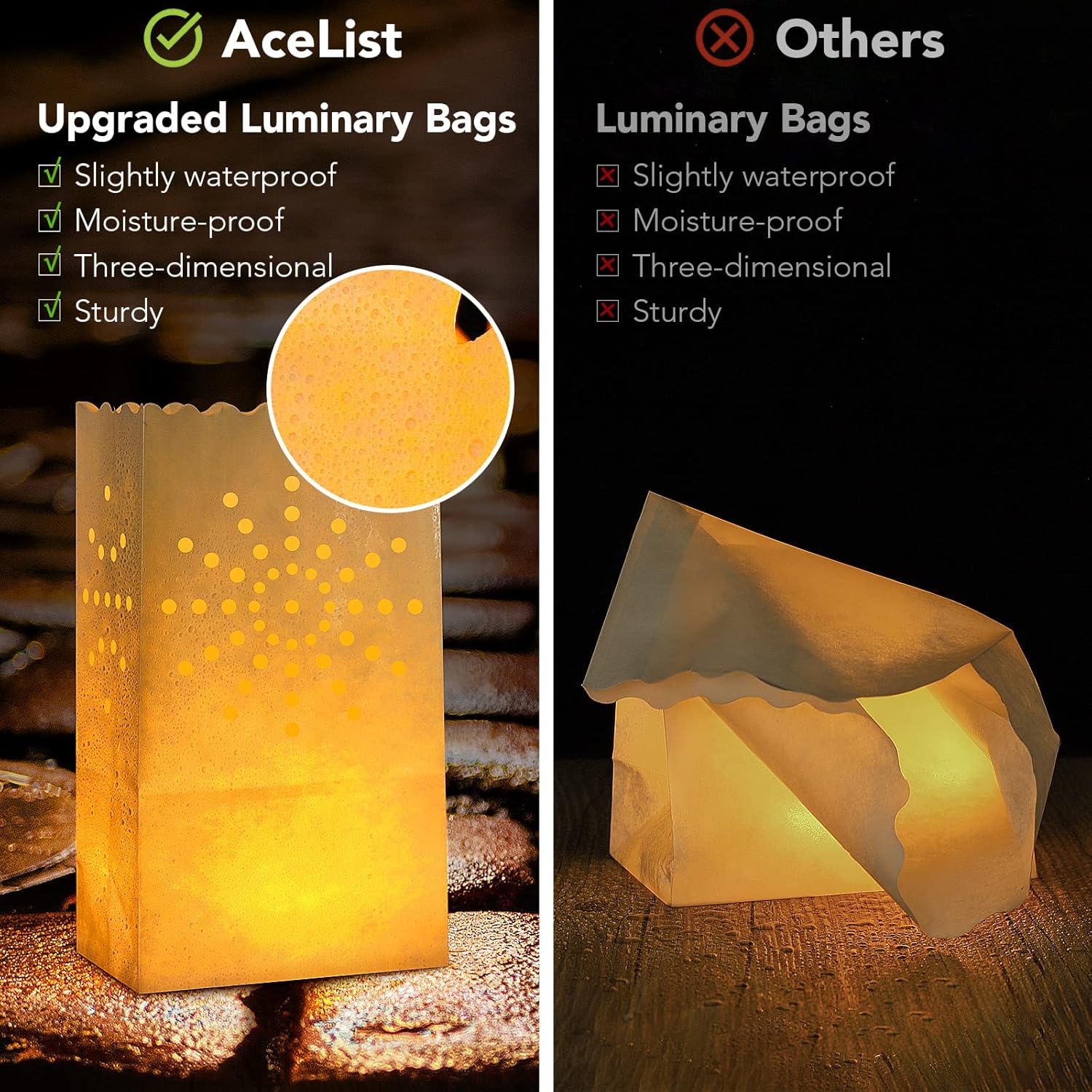 AceList 30 Set Luminaries Bag with Flameless Candles， Flickering LED Tea Lights with Paper Luminary Bags Battery Operation for Wedding Party,Halloween, Thanksgiving, Christmas Decoration（Sun）