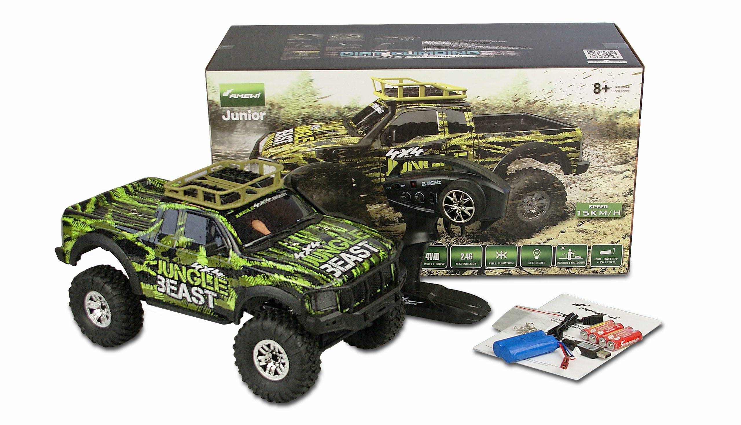 Amewi 22530 Dirt Climbing Beast Pick-Up Crawler 4WD 1:10 RTR z pilotem zdalnego sterowania, akumulatorem i kablem do ładowania, czarno-zielony