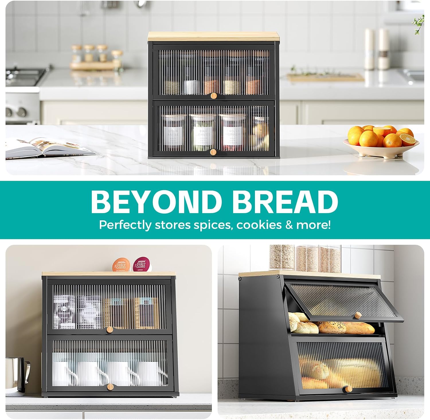 Urackify Bread Box for Kitchen Countertop – 2-Tier Bread Storage Container, Metal Breadbox with Acrylic Wavy Door, Wood Top, Magnetic Seal, Anti-Slip Base, 14.96x9.84x13.78 inch, Black