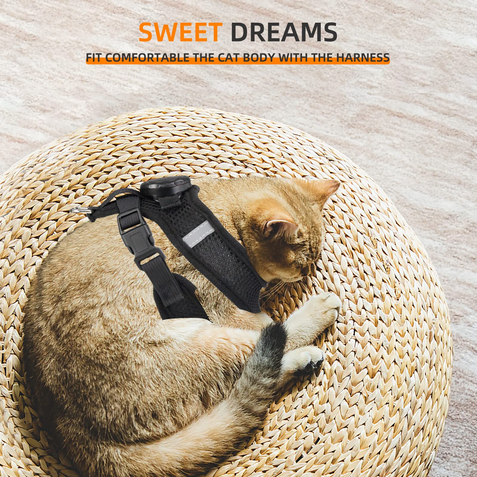 AirTag Katzengeschirr und Leine zum Spazierengehen, integrierte Katzenweste mit 100% wasserdichtem Airtag-Halter, ausbruchsicher, reflektierend, verstellbar, mit Apple Air-Tag-Hülle für Katzen,