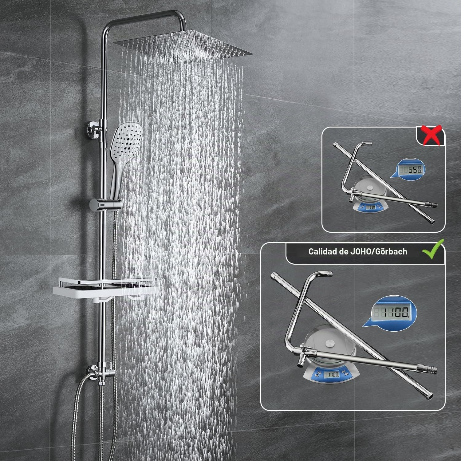 JOHO Columna de Ducha en Acero INOX sin Grifo Termostático, Conjunto ducha con Barra Ducha Altura Adjustable, Cabezal Ducha Lluvia 20x20 cm y Estante, Cromo
