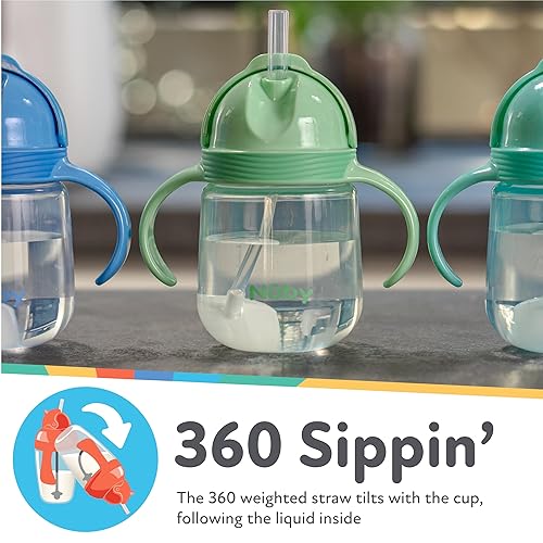 Miniatura 4 de Nuby No-Spill Clik-it - Vaso de silicona para niños pequeños (paquete de 2) de 8 onzas, vaso para sorber con pajilla con peso 360 para niños de 1