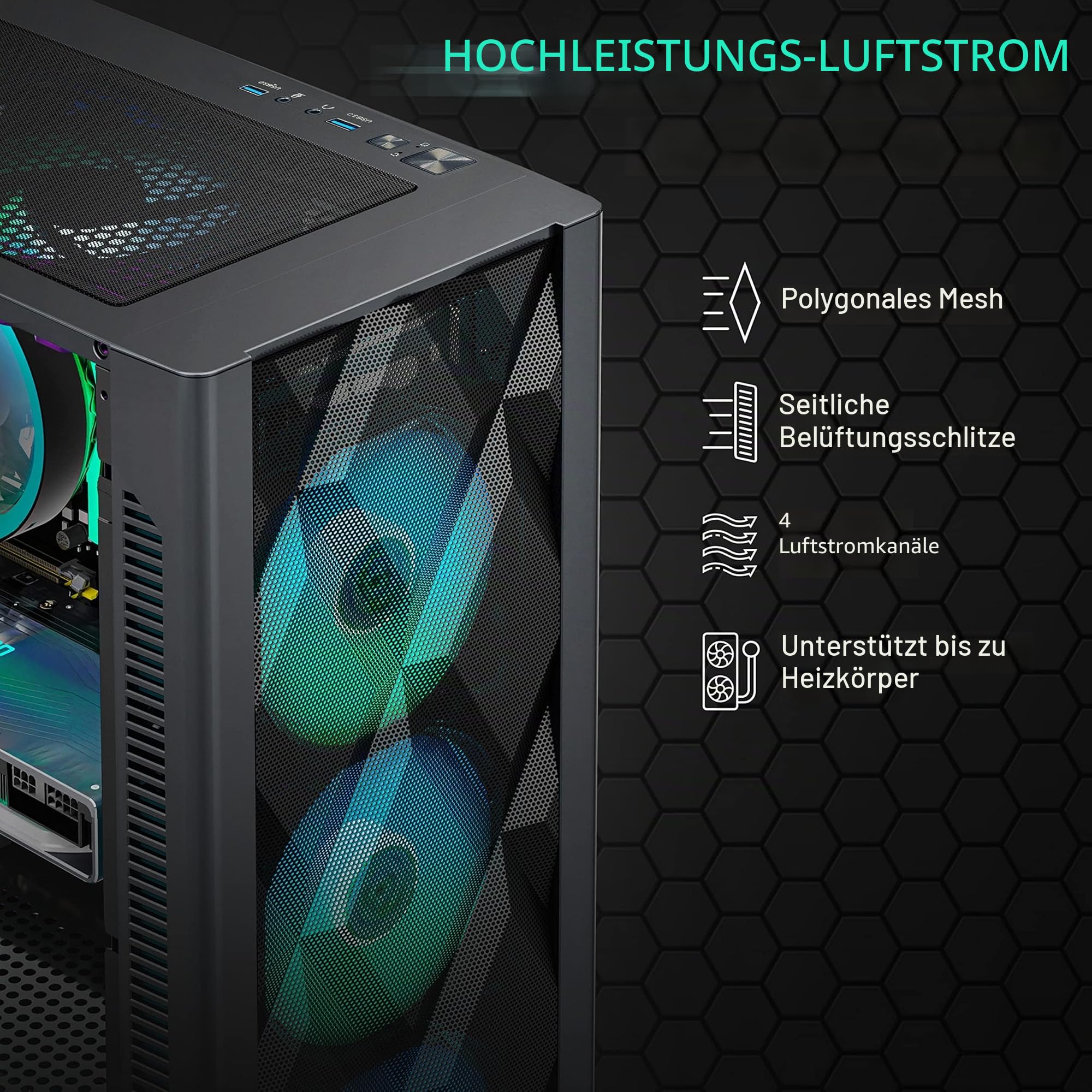 MUSETEX ATX PC Gehäuse Pre-Install 6 PWM ARGB Lüfter, Polygonal Mesh Computer Gaming Gehäuse, Öffnung gehärtetes Glas Seitenwand Mid-Tower Gehäuse, USB 3.0 x 2, Schwarz, NN8