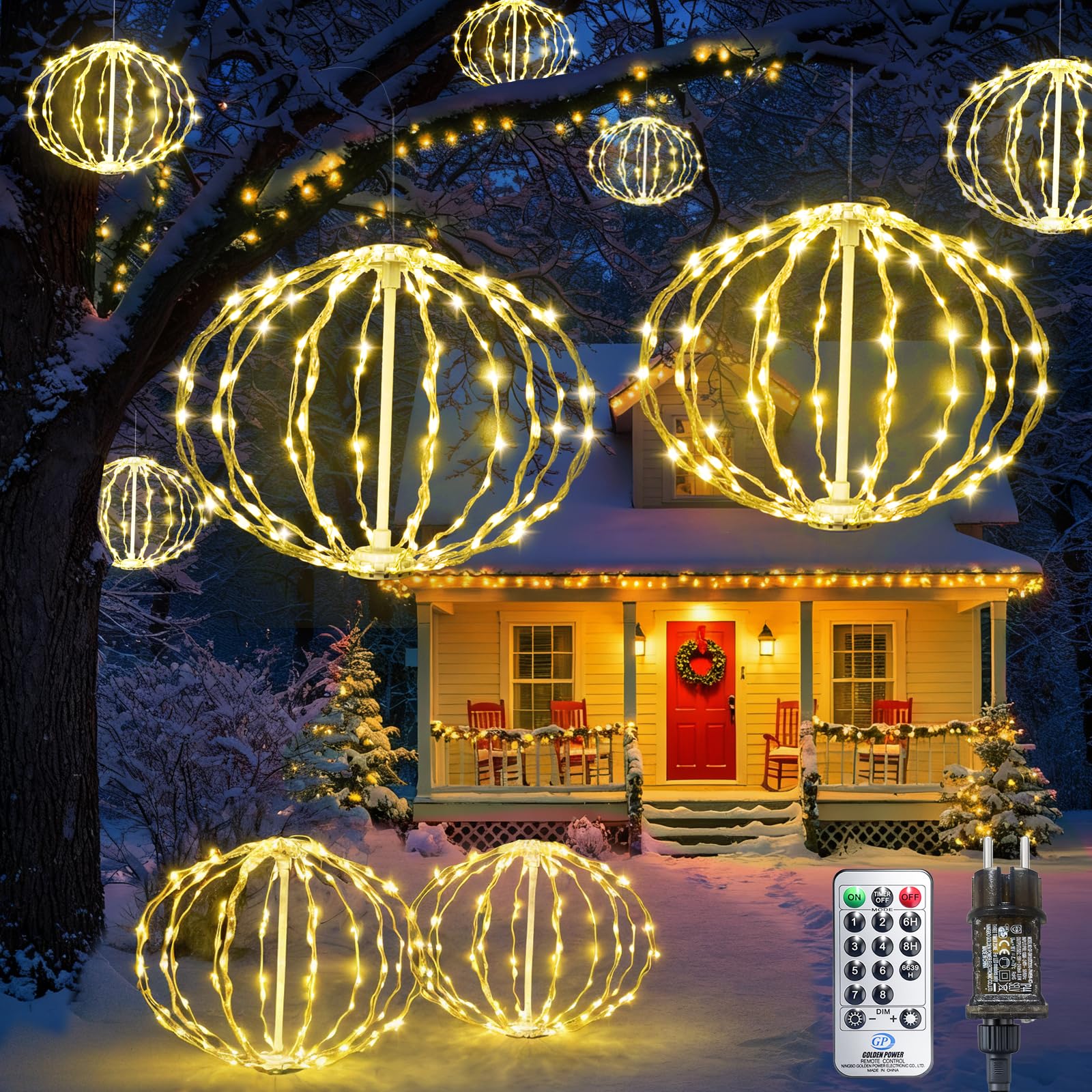 Bowfar Guirlande Lumineuse Extérieure Électricité, 20 cm Pack de 4 Grande Boule Guirlande Lumineuse Suspendue Arbre de Noël avec Télécommande Minuterie, Globe Éclairage de Noël, Blanc Chaud