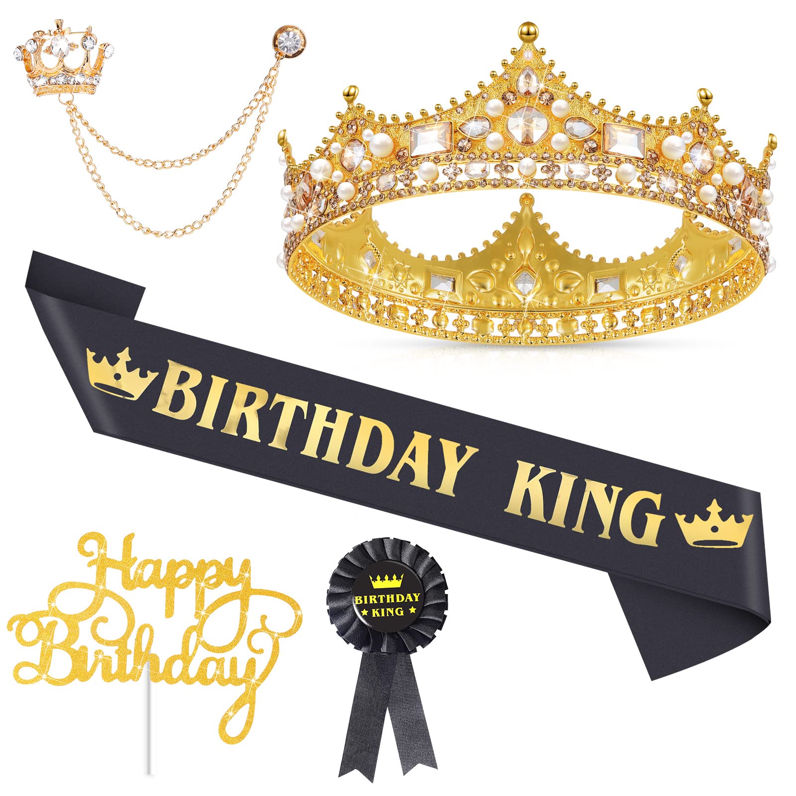 Junkin 5 Pieces Birthday Accessories Include Man Birthday King Crown Birthday King Sash Tinplate Badge Pin Crown Brooch Hanging Chain Men Birthday Crown for Man Birthday Party (Bright Style)