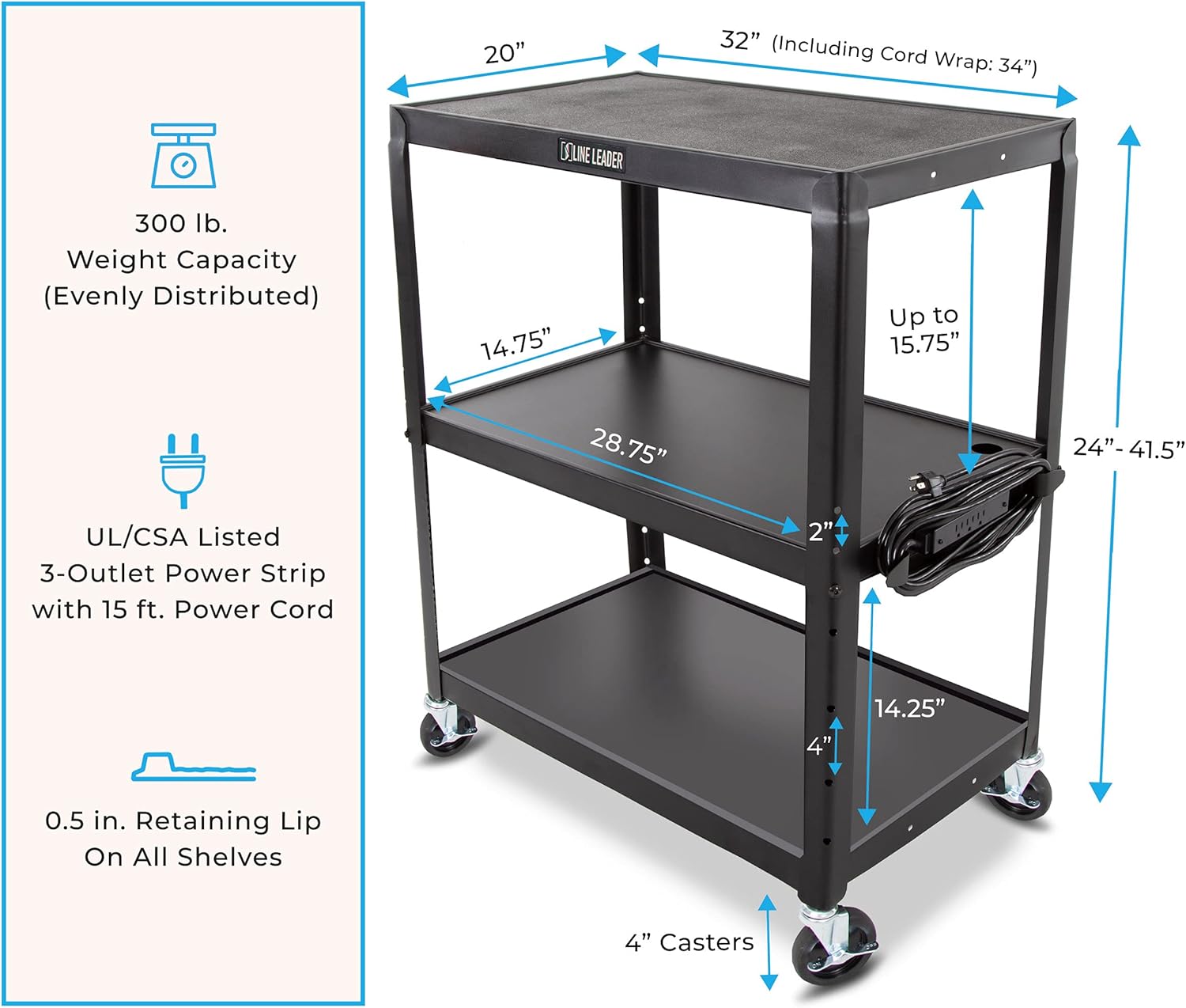 Line Leader Extra Wide AV Cart | Lockable Wheels | Height Adjustable Top Shelf | Extra Large Mobile Workstation |Built-in Power Outlets with Cord Management (42in x 32in x 20in / Black) : Office Products