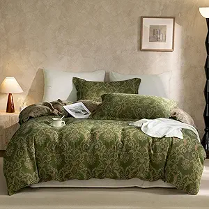 VM VOUGEMARKET Olive Green Duvet Cover Set King,Reversible Medallion Flower Print Bedding Set Linen Cotton Yarn-Dyed Textured Bohemian Duvet Cover with Zipper Closure