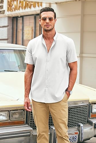 Miniatura 5 de COOFANDY Camisas casuales con botones para hombre, manga corta, cuello de bandas, camisas de vestir lisas para verano y playa
